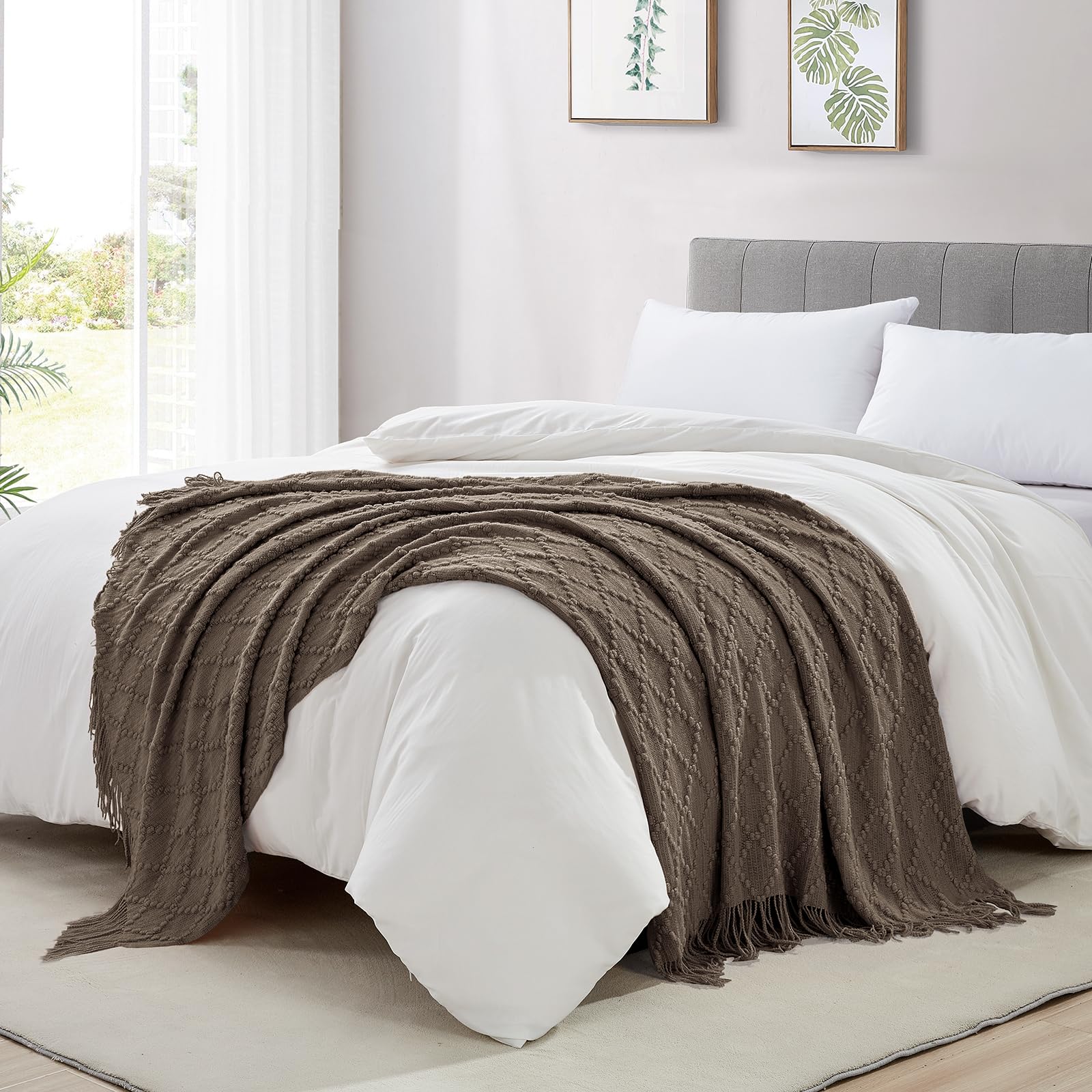 BOURINA Throw Blanket Textured Solid Soft Throws and Blankets for Sofa or Bed Knitted Decorative Blanket 127x178cm Brown - Image 3