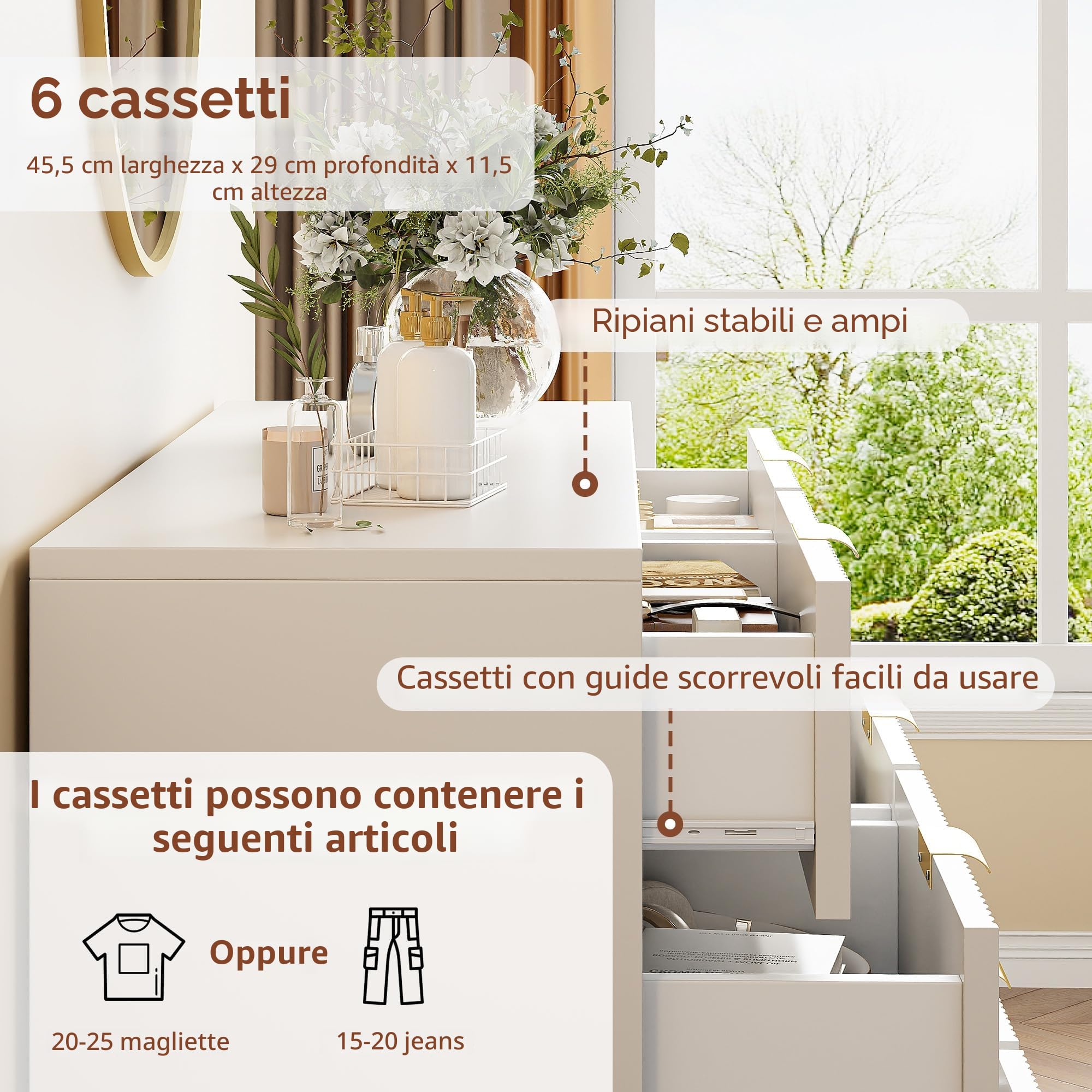 Cassettiera con 6 cassetti, cassettiera per camera da letto bianca, armadio a 6 cassetti, moderno, credenza mobile per soggiorno, camera da letto, sala da pranzo, 100 x 34 x 73 cm (bianca-A)