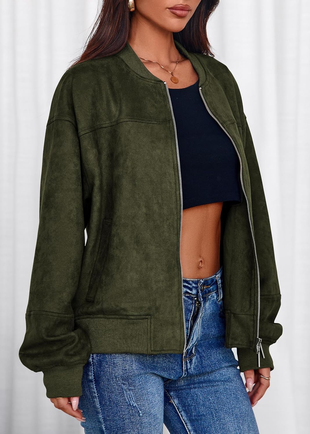 Lazysmile Women's Faux Suede Bomber Jackets Fall Fashion Outfits Winter Clothes Stand Collar Zip Up Coats Outwear - Image 8