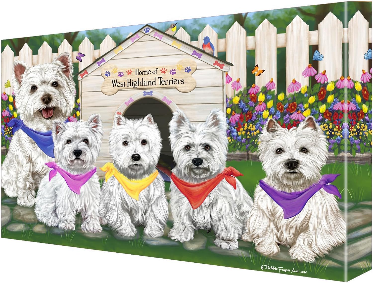 Spring House with West Highland Terrier Dogs Canvas Wall Art - Premium Quality Ready to Hang Room Decor - White Floating Framed 24" x 36"