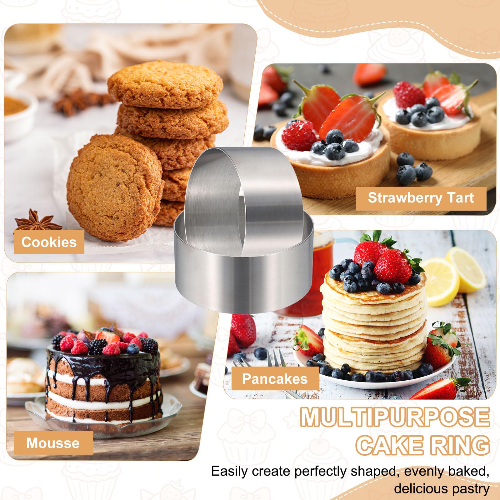 sourcing map Anello rotondo per torte, 25,4 cm x 8 cm, in acciaio inox, senza cuciture, per dessert, mousse, torte, palline di riso, sushi, pancake, mousse, pasticceria