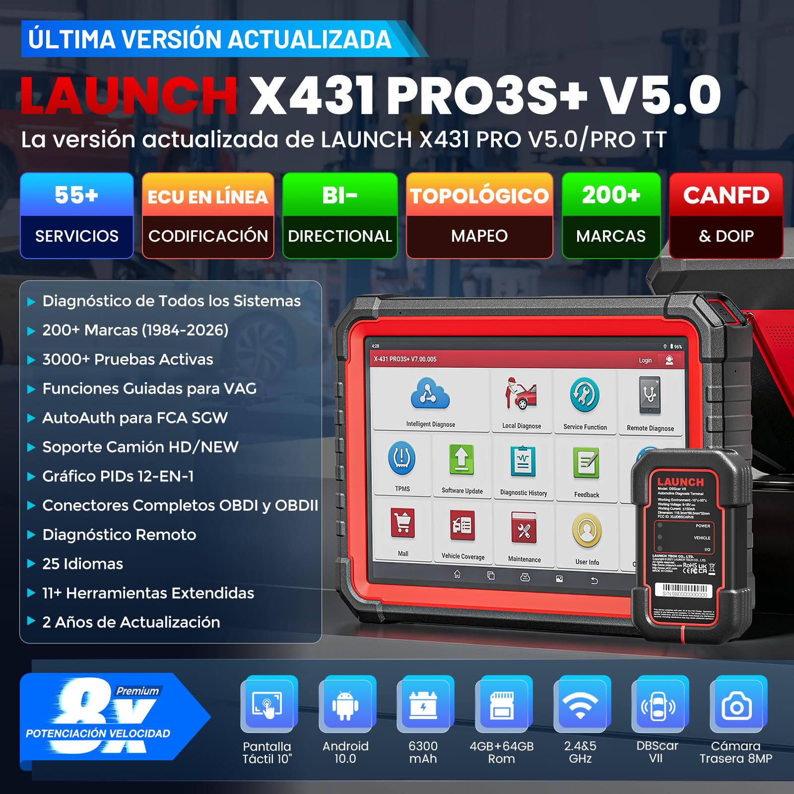 LAUNCH X431 PRO3S+ OBD2 Profesional Diagnosis Coche multimarca con Sistema Completo,55+ Función de Reinicio,Escáner en Español Auto Vin Codificación en línea FCA SGW, Función Guiada, Bluetooth OBD 2