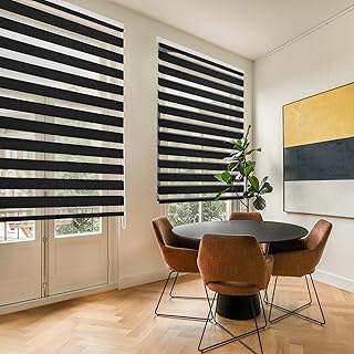 Blindecor Lira estor enrollable noche y día, color Negro, estor de 160 x 250 cm (ancho x alto). Tamaño de la tela 157 x 245 cm. Estores noche y dia elegantes