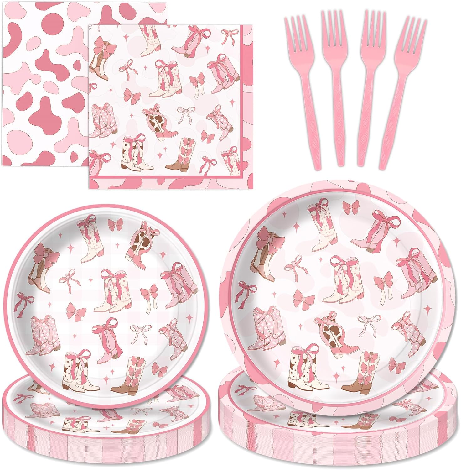 100Pcs Cowgirl Birthday Party Decorations Western Cowgirl Disposable Paper Plates Napkins Pink Bow Rodeo Tableware Set for 25 Guests Bachelorette baby shower Baby Shower Party Supplies Favors