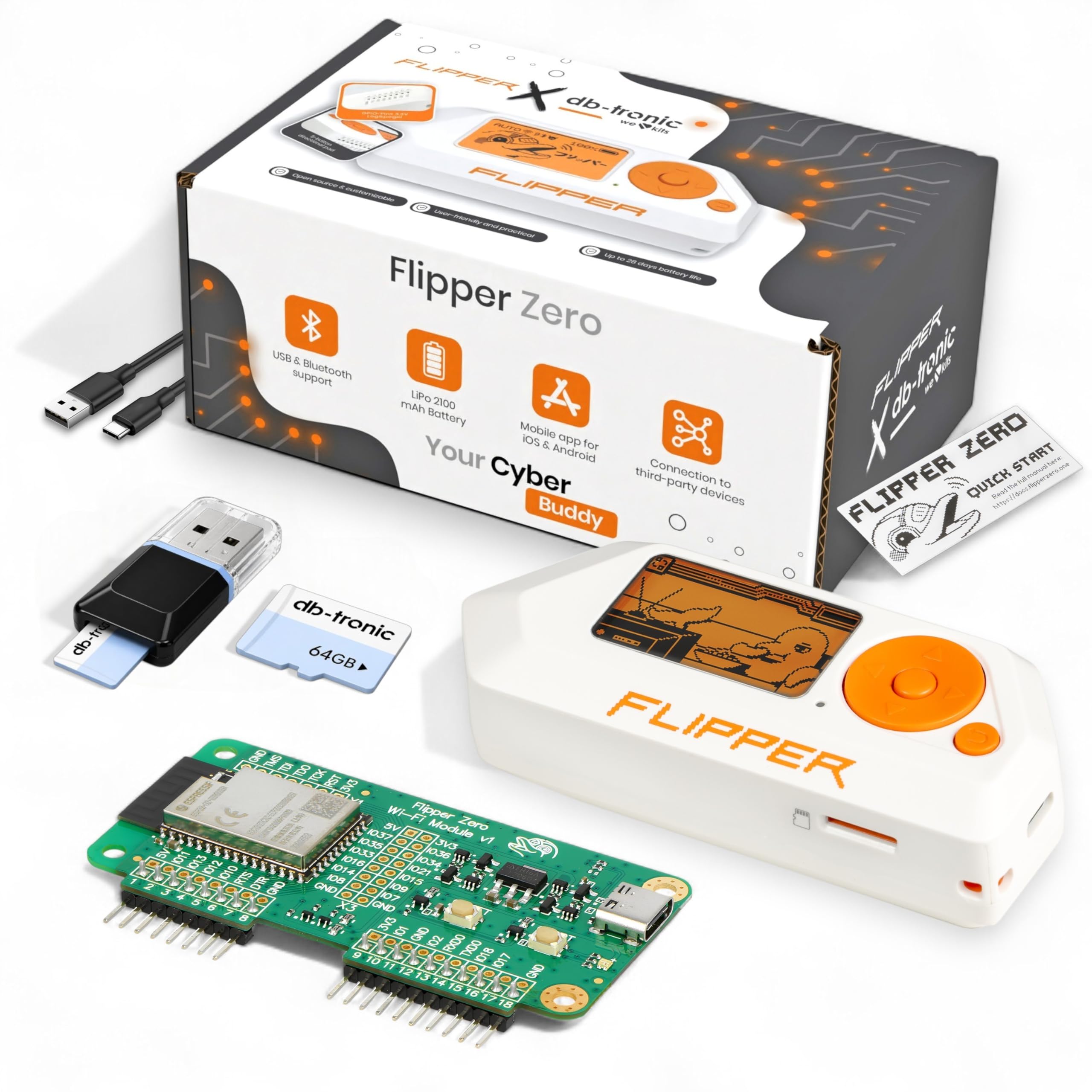 Flipper Zero WiFi Set | Flipper Zero | WiFi Board | Tarjeta de Memoria 64 GB | Lector de Tarjetas USB