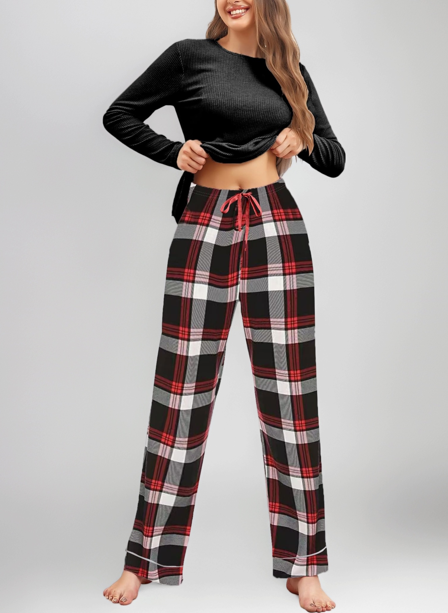 Pyjamas for Women Set Long Sleeve Nightwear Casual Loungewear Drawstring Pajama Pants for Ladies 2 Pcs