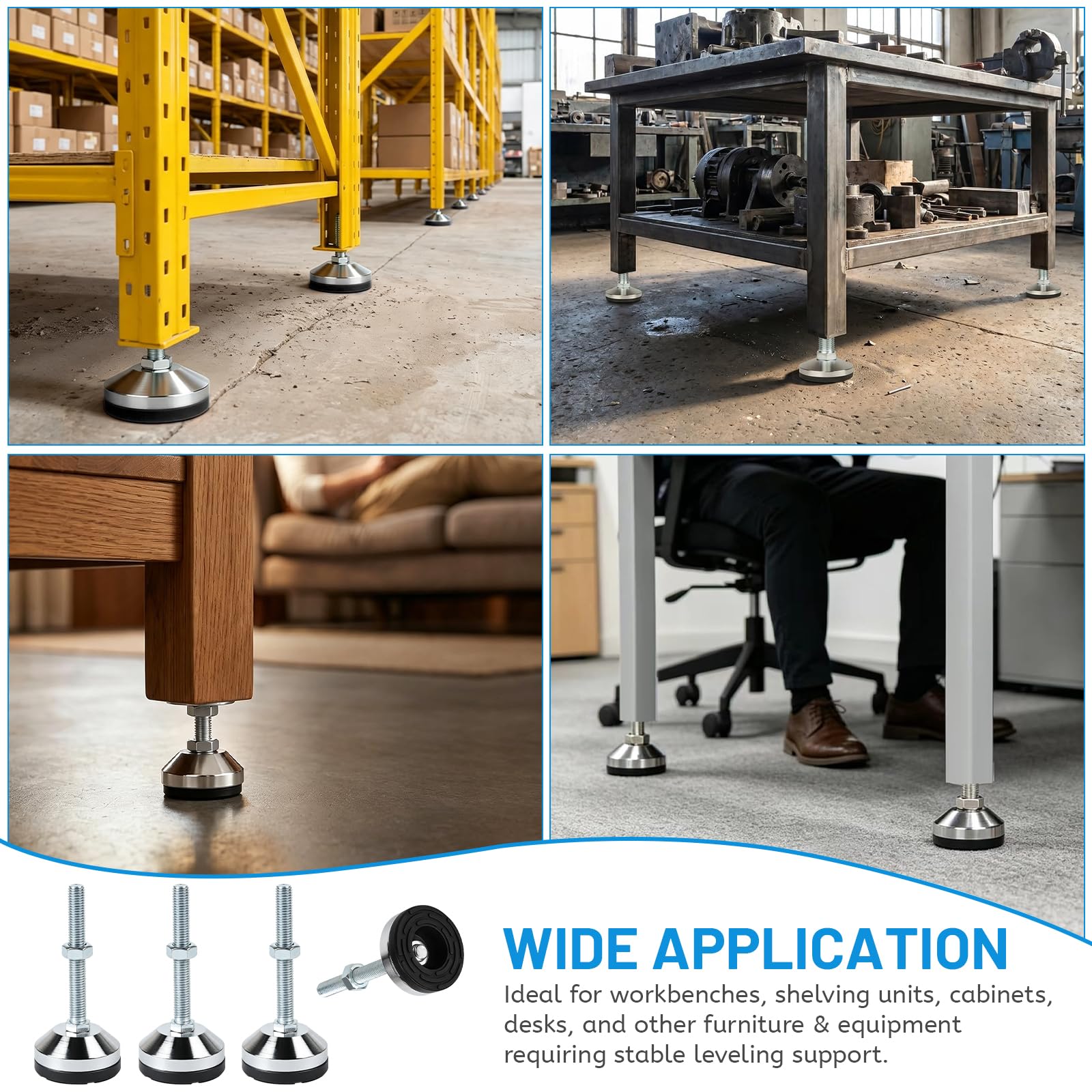 lalago 4 Pezzi Livellatori per Gambe per Impieghi Gravosi M16, Piedini per Mobili Regolabili con Base da 3,14" Neri con Capacità di 2600 lb per Banchi da Lavoro, Macchine, Armadi (D80xM16x100)