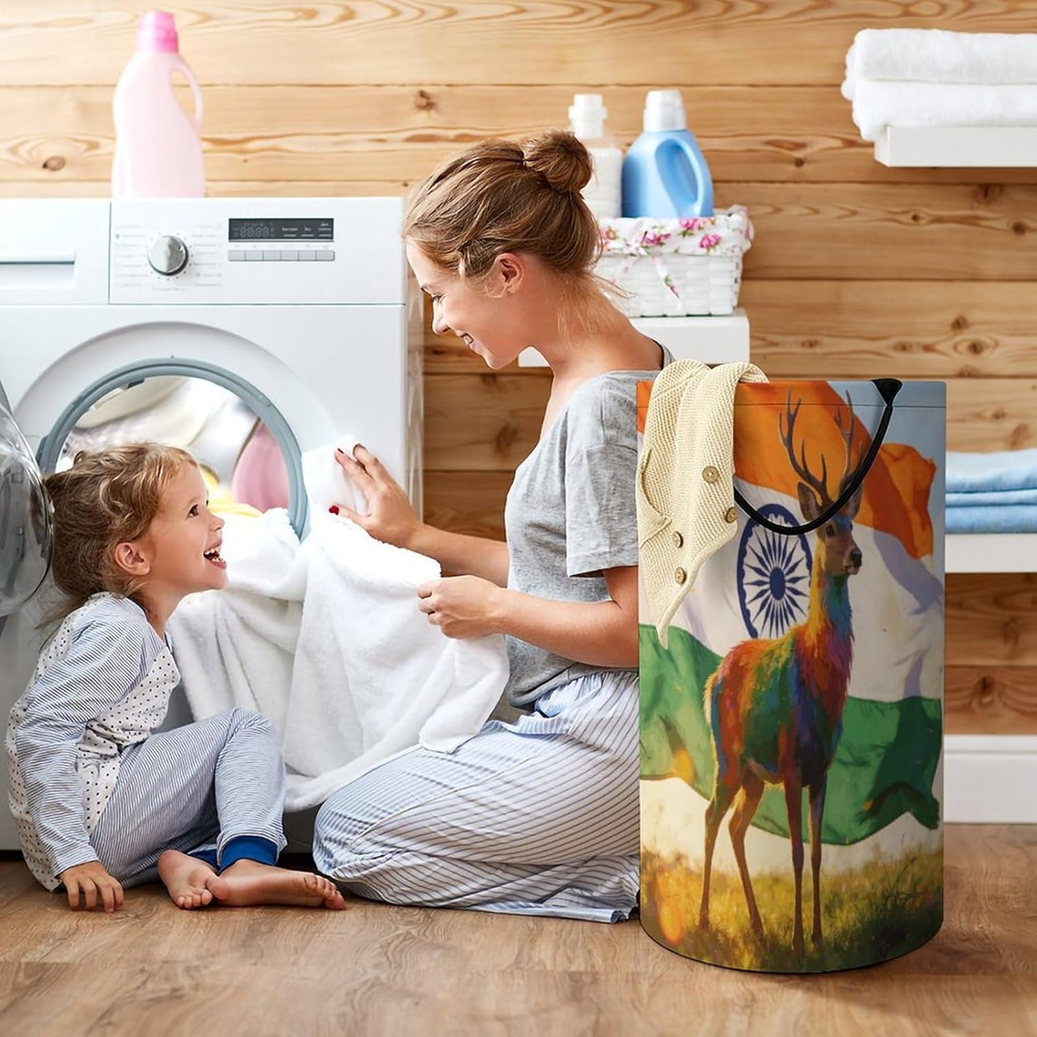 Colorful Deer And National Flag Laundry Hamper 86L Waterproof Collapsible Clothes Basket with Double Handles Freestanding Foldable Laundry Basket Large Clothes Hamper for Bathroom