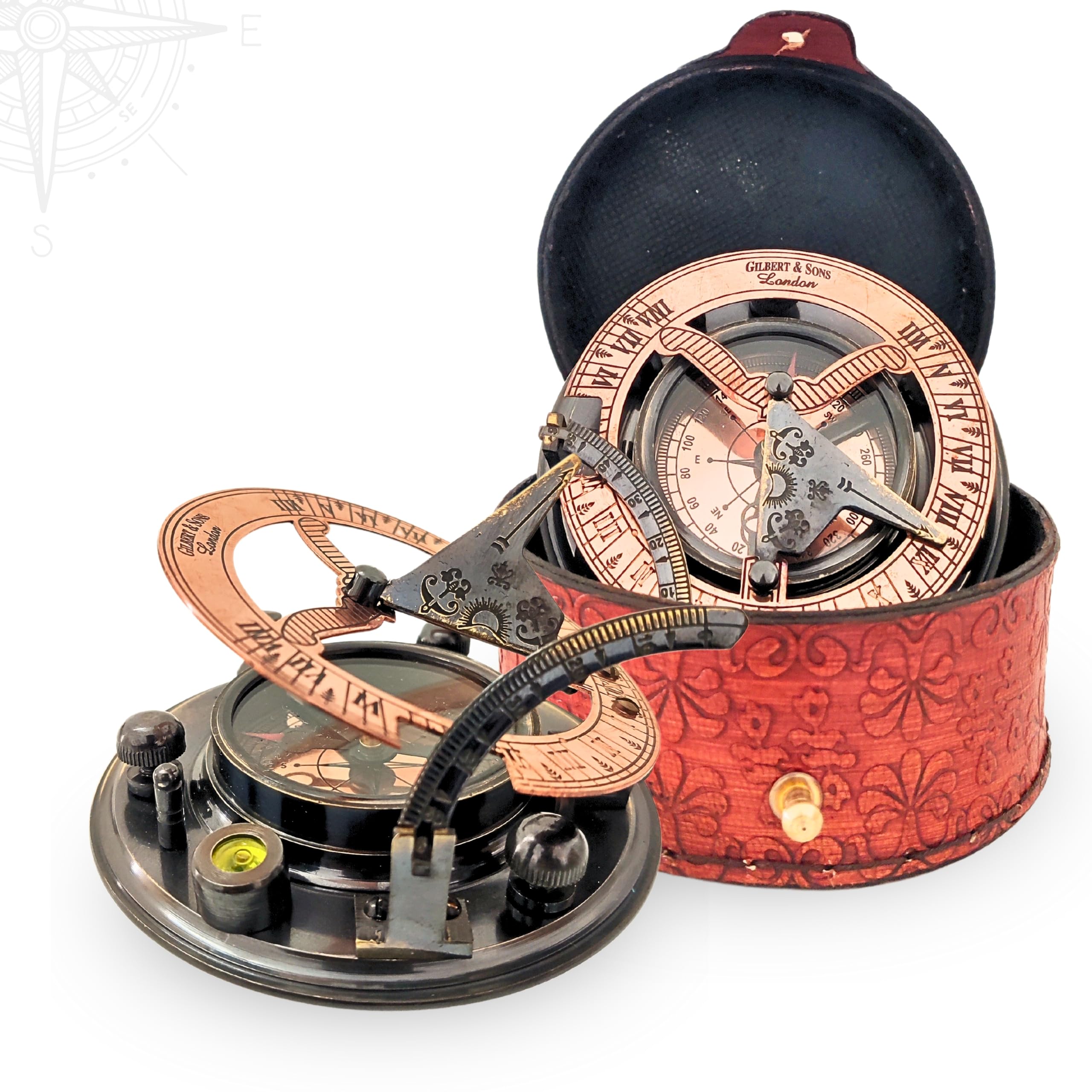 ANTIQUANA Antique Brass & Copper Sundial Compass, Sundial Clock in Box Gift Sun Clock Ship Replica Watch (BS2)