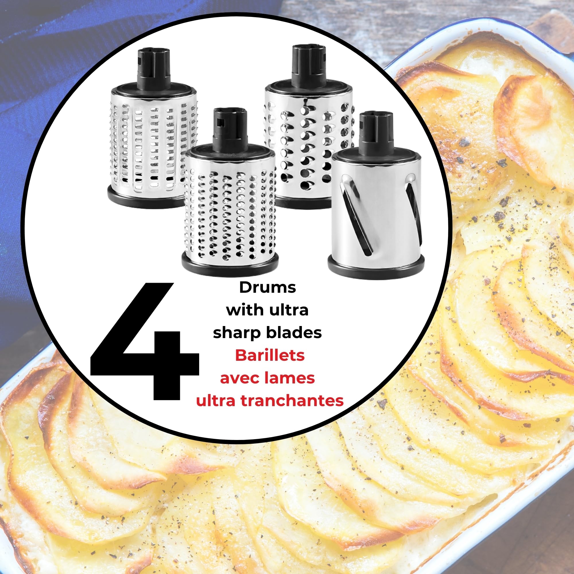 Starfrit Rallador de tambor rotativo - 4 tambores intercambiables de acero inoxidable - rebanar, rallar grueso y fino, afeitado de hielo - Ideal para verduras, queso, nueces, chocolate