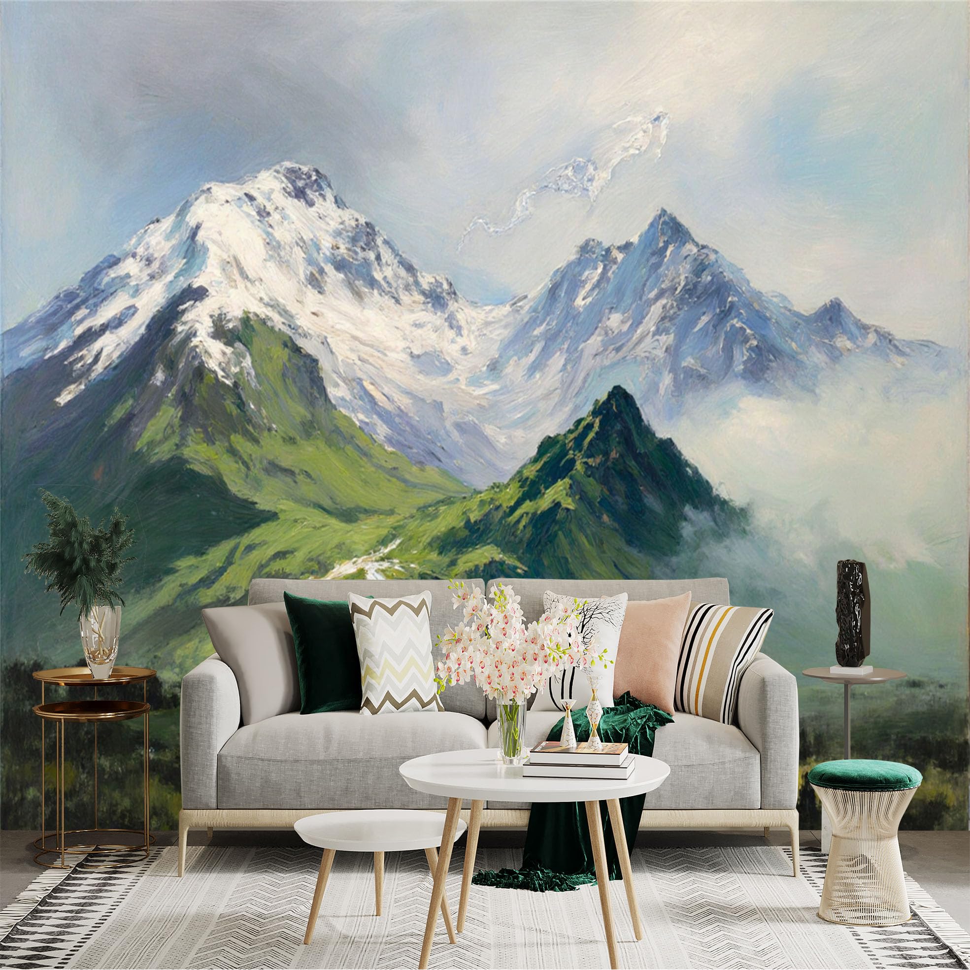 Lnzczhyre Xc260505160 Custom Size Wall Sticker Mural， Oil Painting Style Snowy Mountain Peaks， Green Valley Landscape， Misty River Scenery， For Wall Decoration， Peelandstick Wall Decals.
