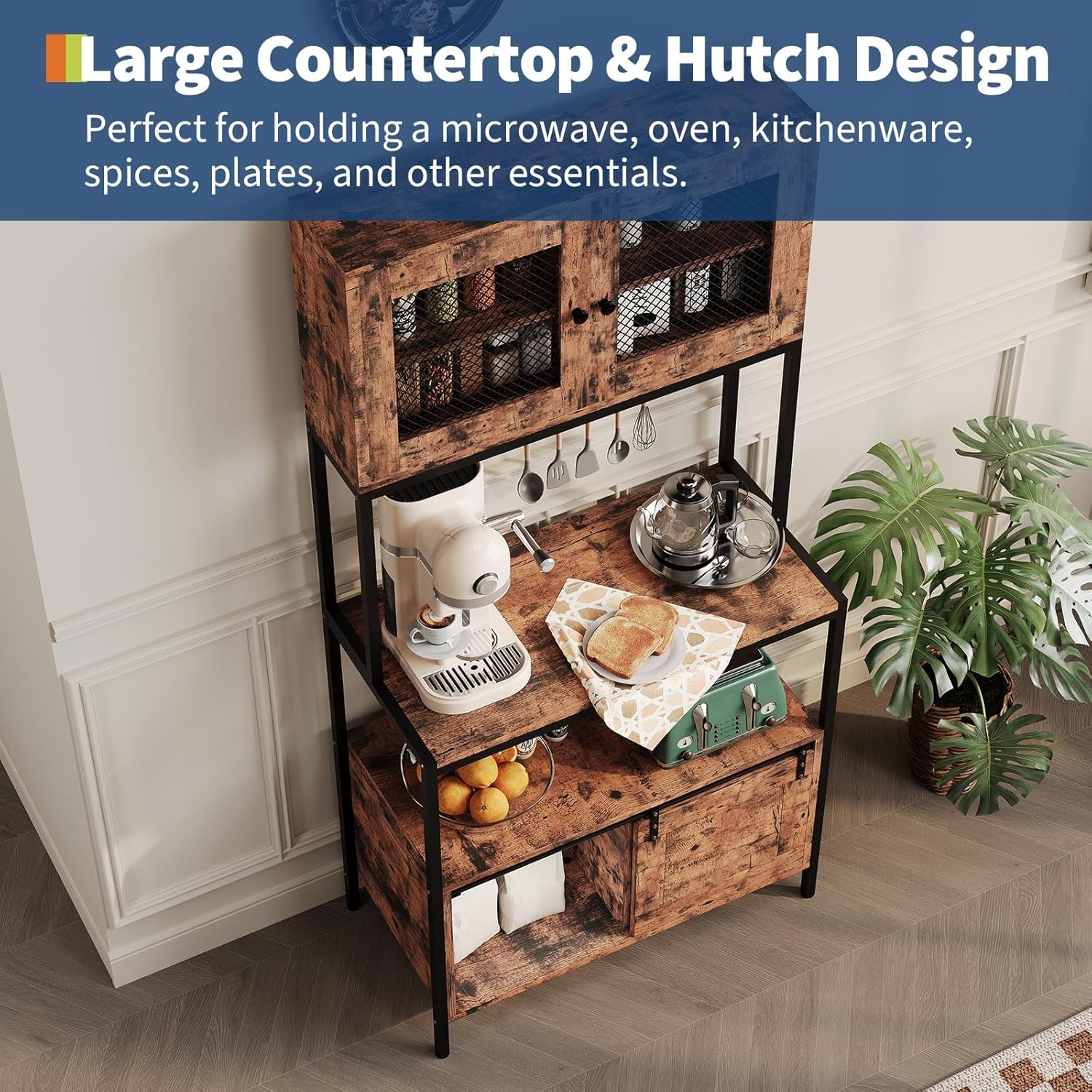 Industrial Bakers Rack with Charging Station, 63.4 Inch 5-Tier Kitchen Coffee Station with Cabinet, Farmhouse Coffee Bar Utility Shelf with 10 Hooks, Microwave Stand for Dining Room, Rustic Brown