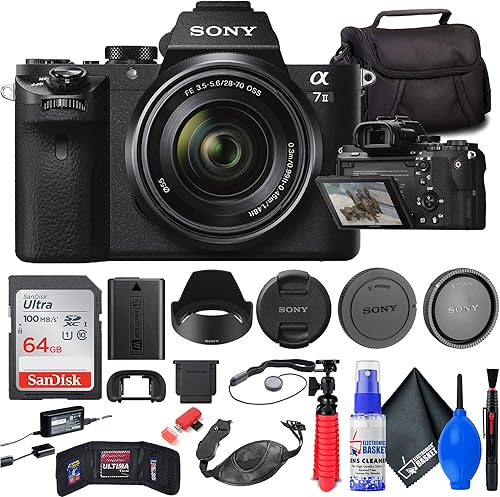 Sony Cámara sin espejo a7 II con lente de 1.102-2.756 in (ILCE7M2K/B) + bolsa + tarjeta de 64 GB + lector de tarjetas + trípode flexible + correa de