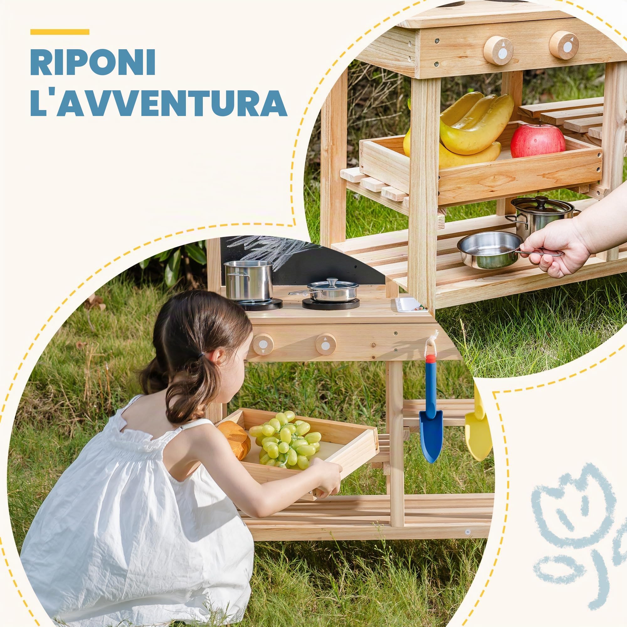 ROBUD Cucina in legno per bambini piccoli, cucina giochi per esterni con lavello, fornello, vasi, lavagna, vano portaoggetti e accessori da cucina, giocattolo per ragazzi e ragazze dai 3 anni in su