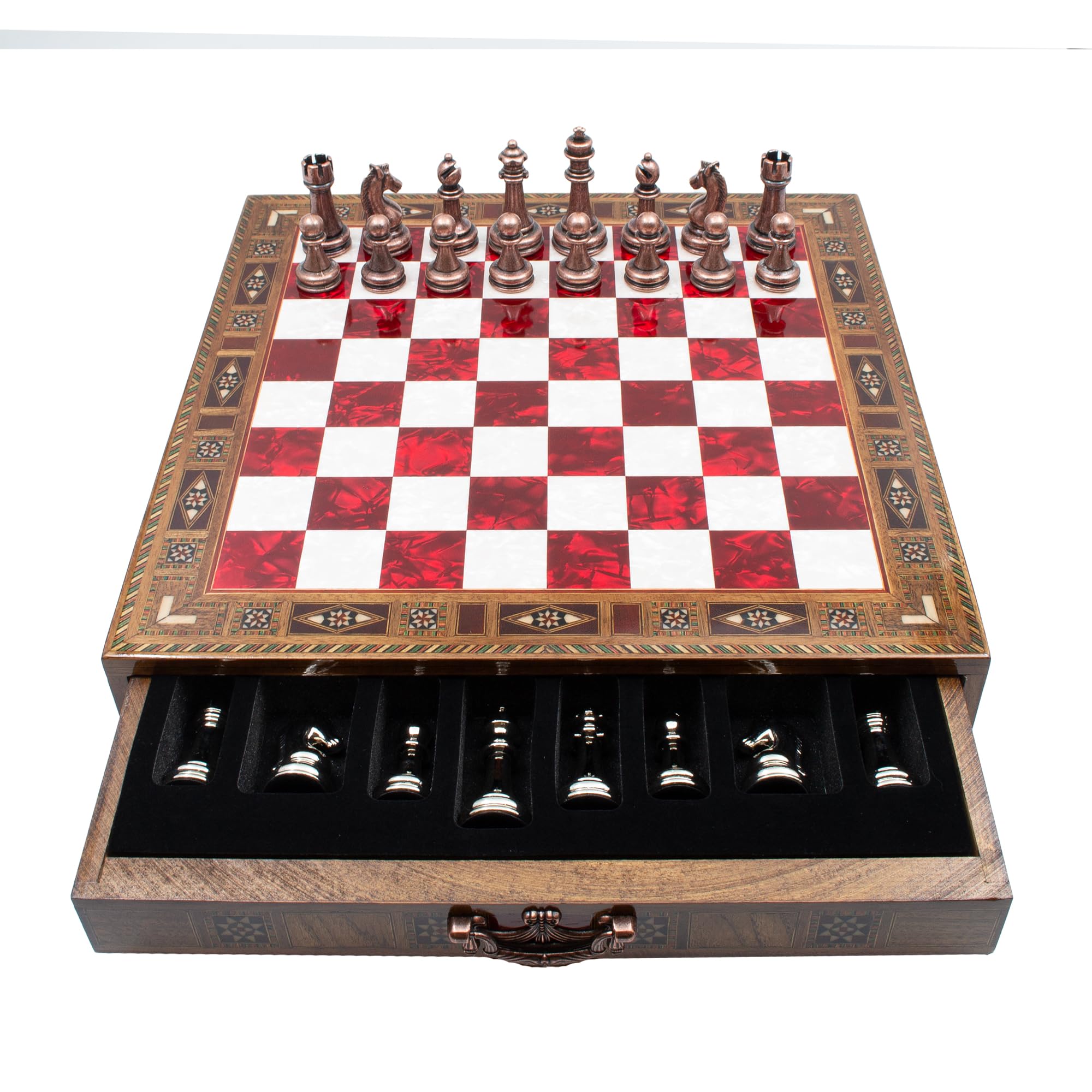 GrandGiftStore - Juego de ajedrez hecho a mano con cajón, tablero de ajedrez de madera para adultos con almacenamiento, juego de ajedrez premium (38 x 38 cm, bolsa, rojo)