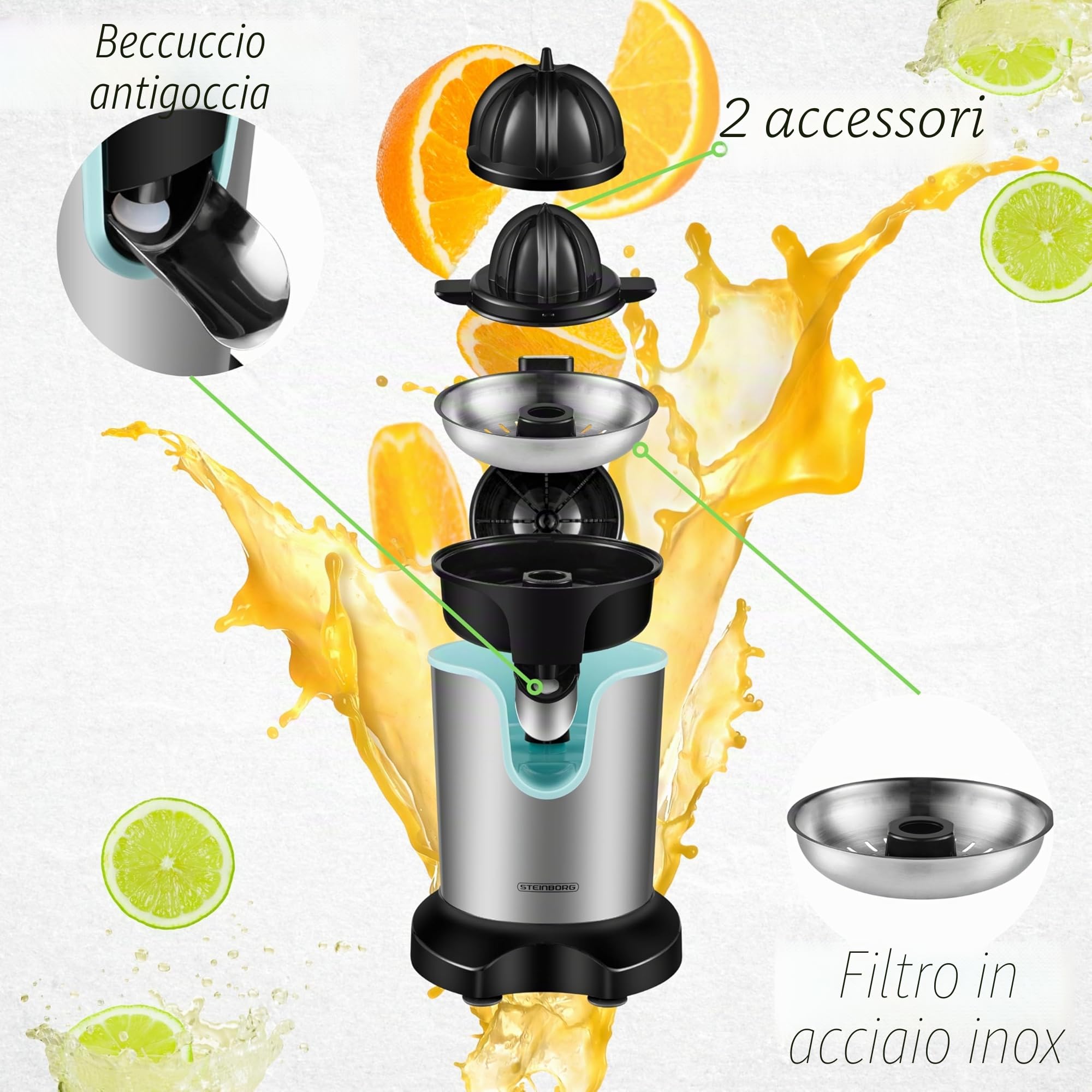 Spremiagrumi elettrico 800 Watt, motore a lunga durata, in acciaio inox, spremiagrumi elettrico, per auto, start-stop, spremiagrumi, lavabile in lavastoviglie, spremiagrumi, spremiagrumi
