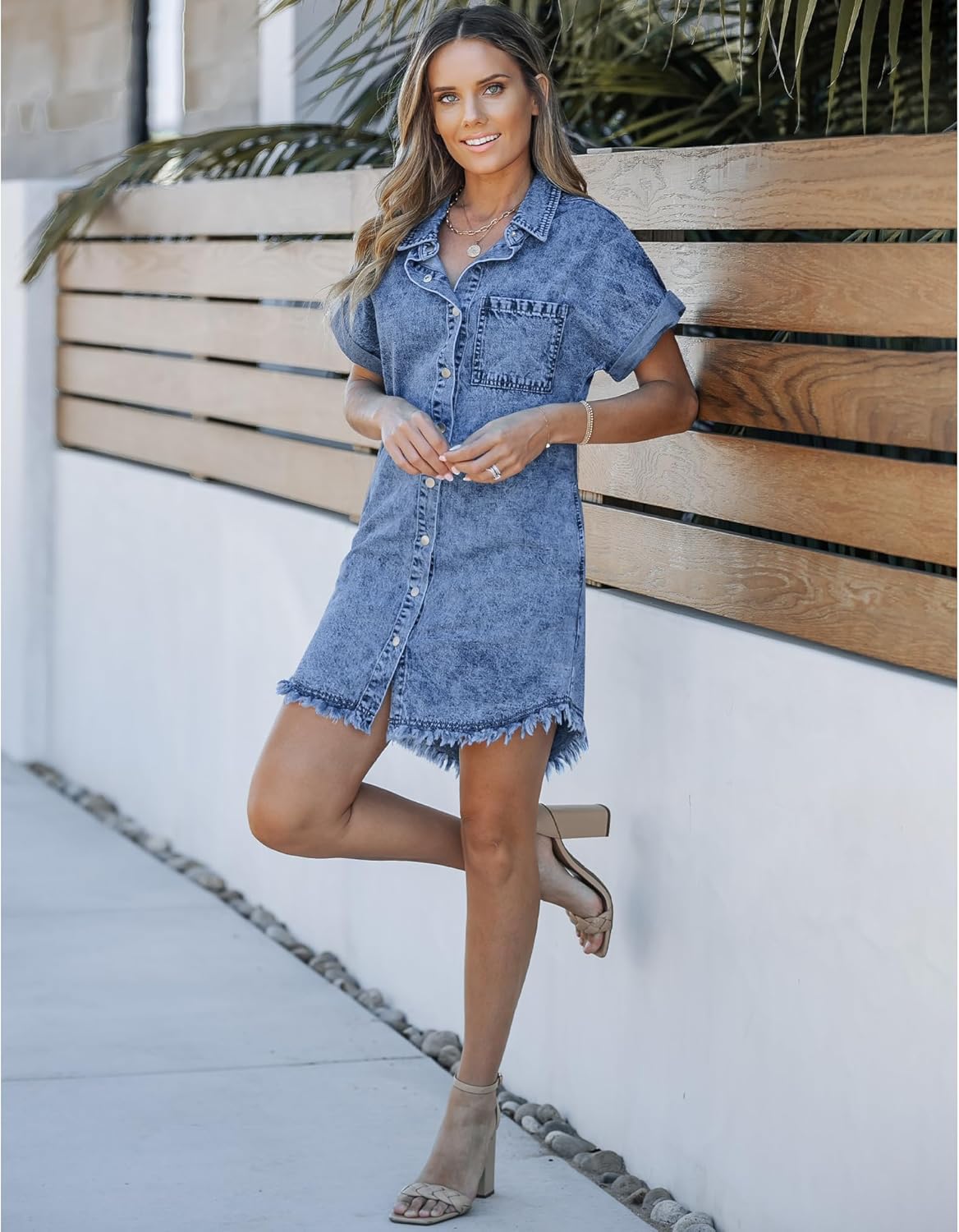 luvamia Denim Dress for Women Button Down Short Sleeves Casual Summer Jean Shirt Dresses with Pockets Frayed Hem - Image 6