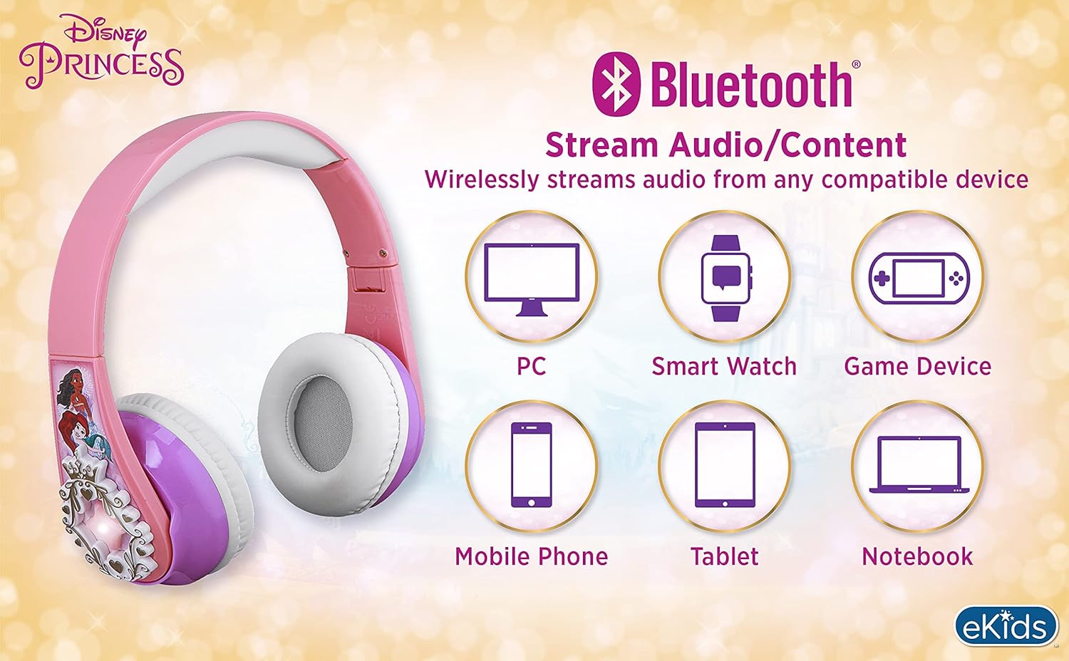 eKids Disney Princess Bluetooth Headphones with EZ Link, Wireless Headphones with Microphone and Aux Cord, Kids Earphones for School, Home, or Travel - Image 3