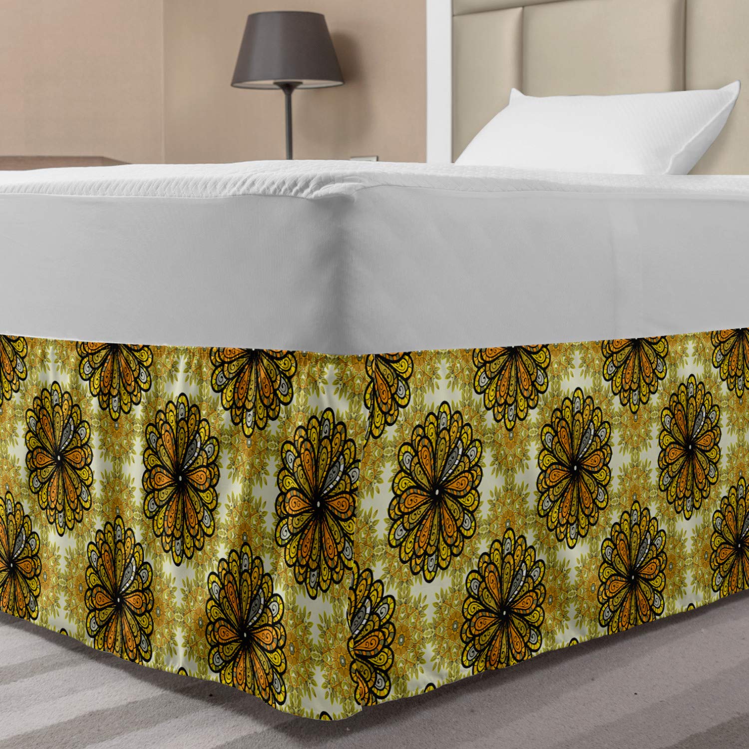 Lunarable Yellow Mandala Elastic Bed Skirt Spring Nature Inspired Design of Mandala with Lots of Swirls Petals Wrap