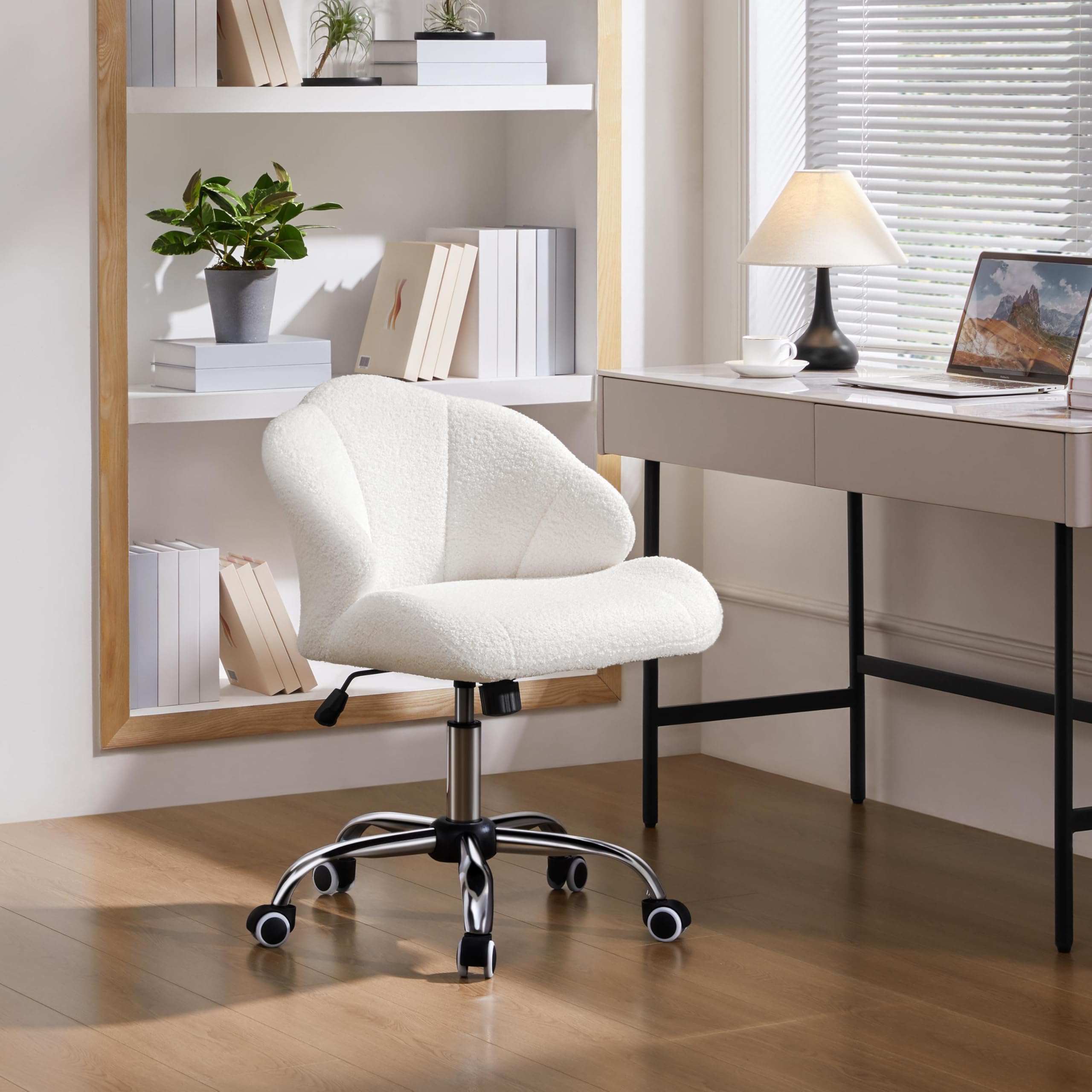 Yaheetech Homeoffice krzesło do makijażu, krzesło biurowe, z regulacją wysokości, krzesło obrotowe w kształcie muszli, krzesło biurowe z kółkami, aksamitne krzesło obciążenie do 136 kg (Boucle