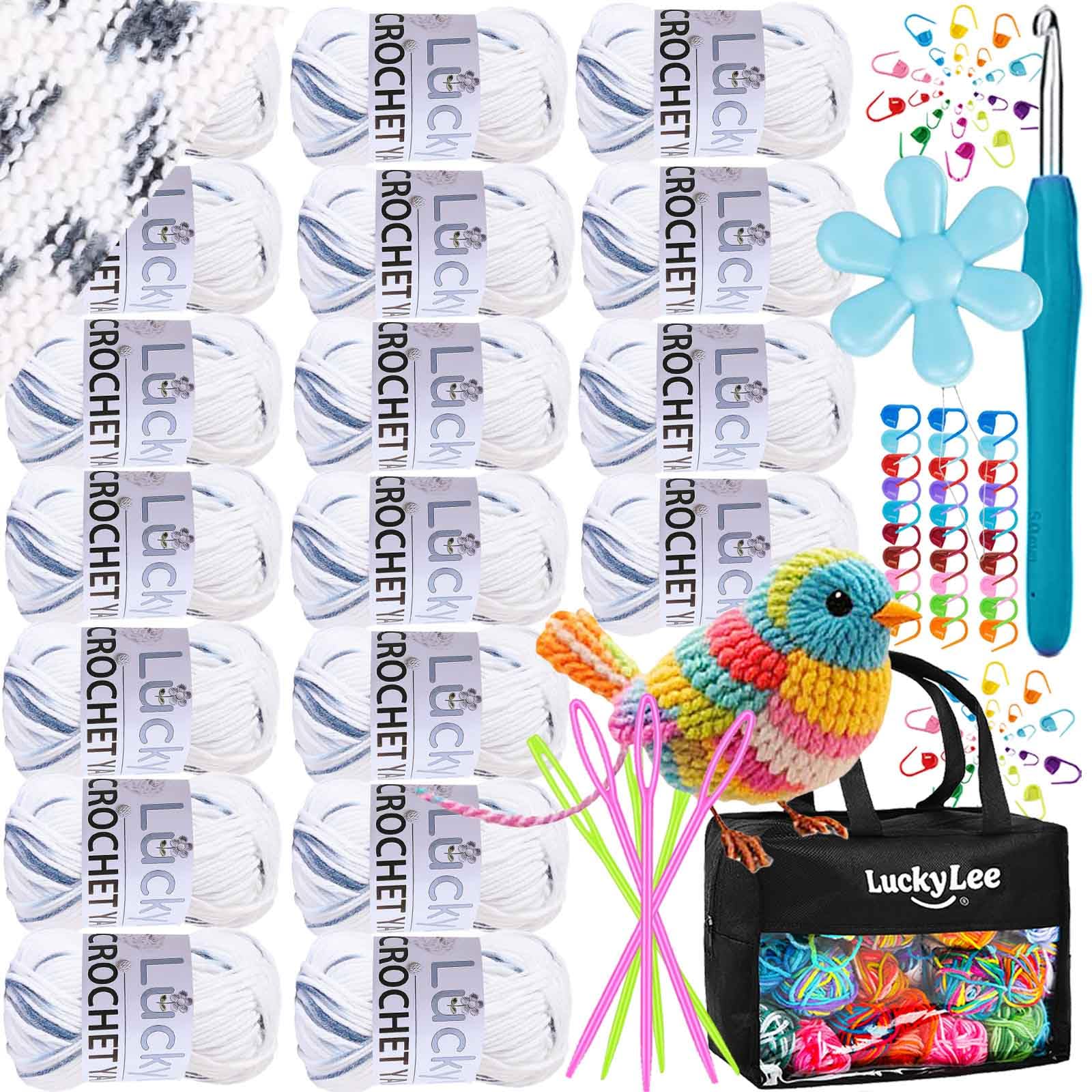 Crochet Yarn (18 * 25g), Acrylic Wool Double Knitting Wool, Crochet Wool with Carry Bag, Aluminum Crochet Hooks Stitch Markers, Ombre Color Yarn for DIY Craft Blankets Socks Dolls (03-Grey&White)