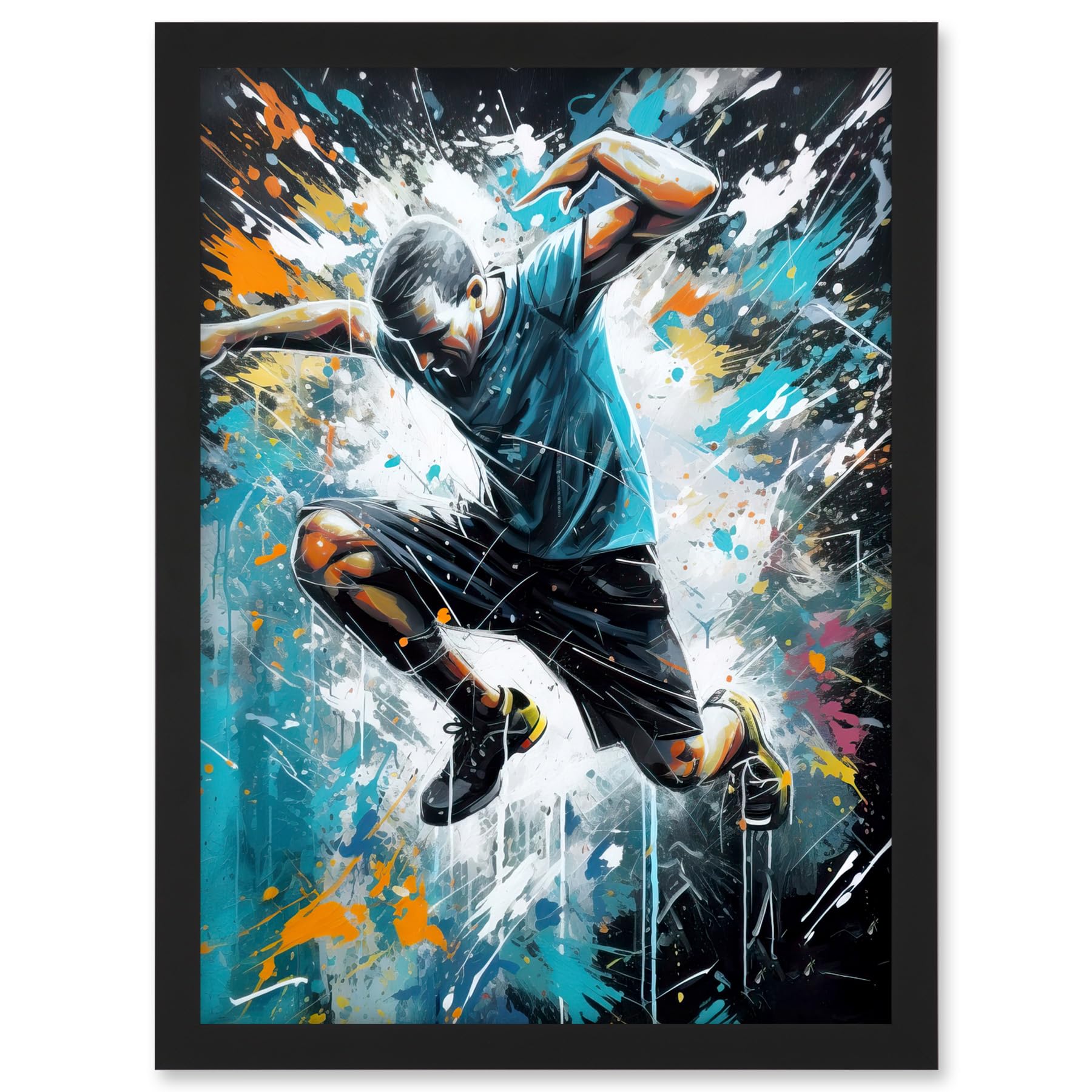 Artery8 Man Doing Parkour Jump Pose Paint Splat Portrait Artwork Framed A3 Wall Art Print