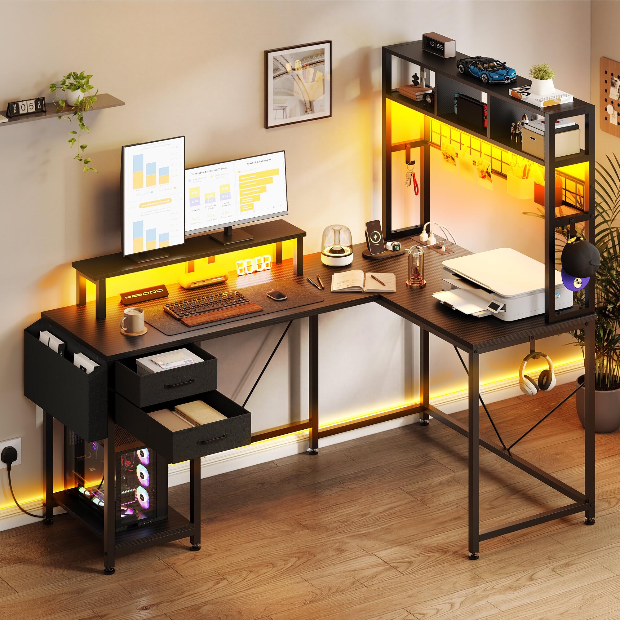 YITAHOME 150cm Gaming Tisch L Form Steckdose LED USB Schubladen Schwarz | Reversibler Eckschreibtisch, Regale, Monitorständer, RGB LED, Holzplatte Metallrahmen, Schreibtisch Home Office Studium