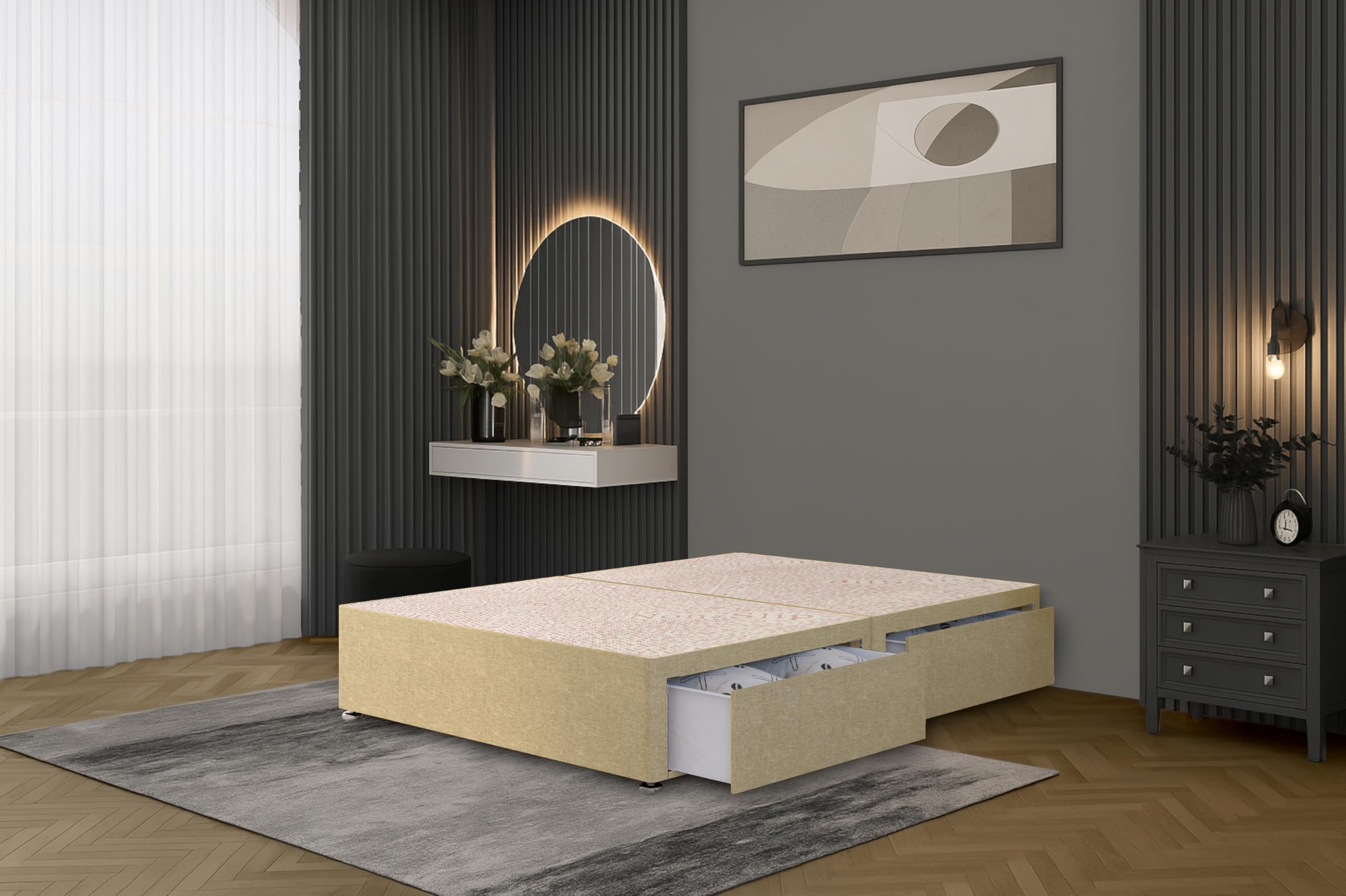 Bed Centre Flexby Divan Bed Base Only with 2 Drawers (Same Side), No Headboard - Available in 3FT, 4FT, 5FT & 6FT (4FT6 Double, Linen Beige Fabric) — image 1