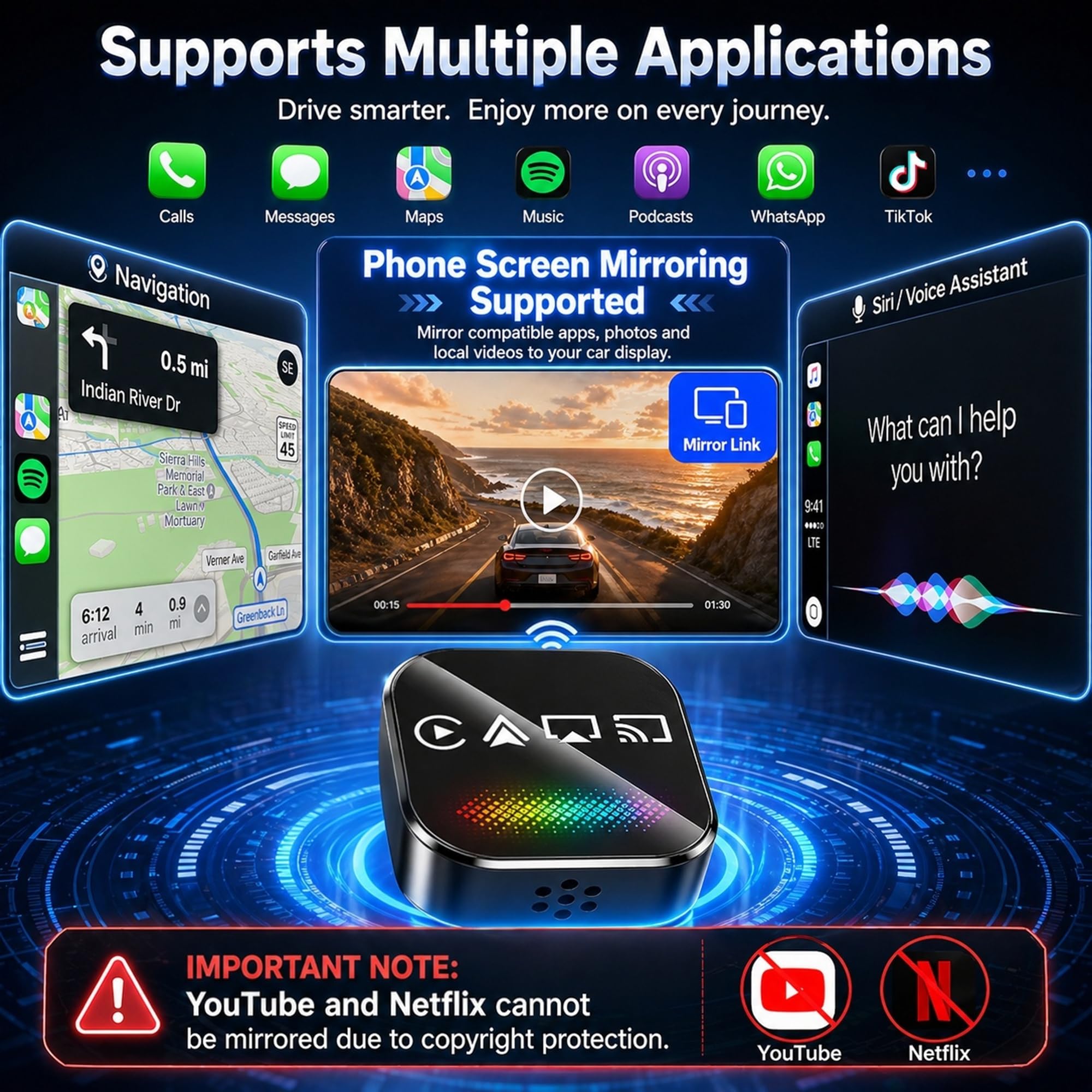 auvstar Adaptateur CarPlay & Android Auto sans Fil, 2026 Optimisé 4en1 RGB Mirror Link USB/Type-C iOS 11+ Android 12+ Voitures avec CarPlay Filaire à partir de 2016