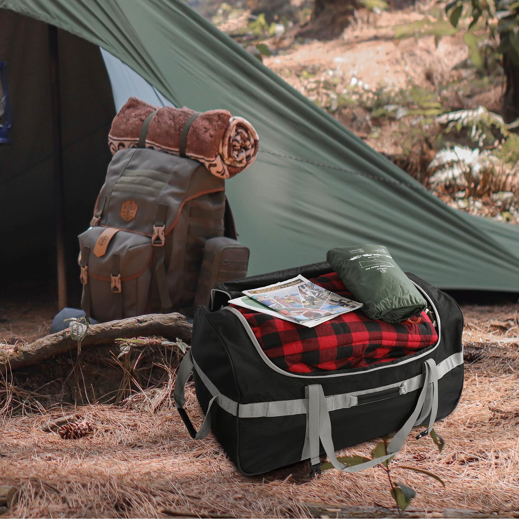 120L Große Reisetasche mit Rollen, Faltbare Sporttasche für Reise Camping Ausrüstung, vielseitiger Travel Bag zum Tragen und Ziehen, Schwarz