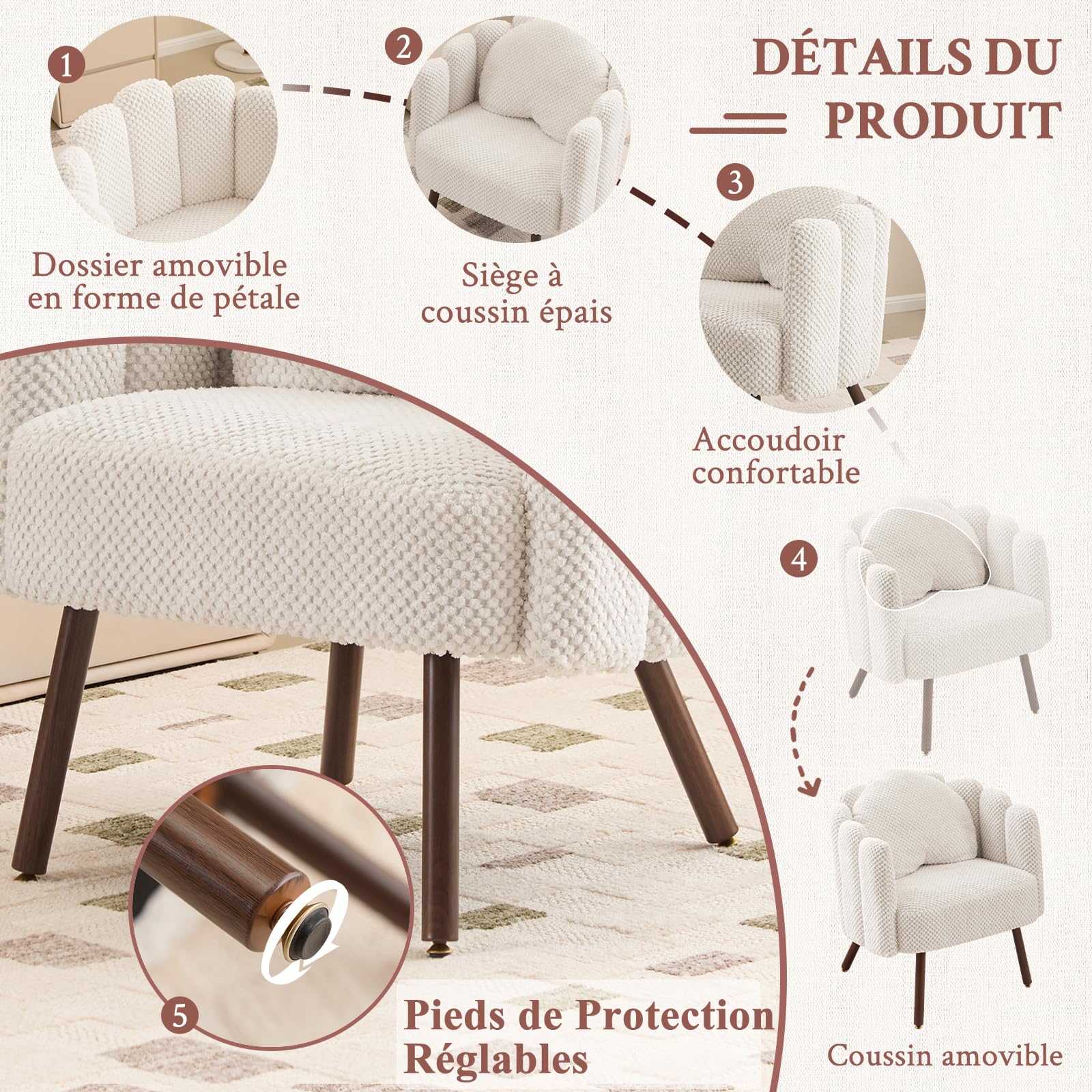 Fauteuil de Salon avec Coussin, Fauteuil Coiffeuse avec Dossier Pétale, Chaise Coquillage avec Pied Bois Chaise Coiffeuse Coussin Confortable pour Salon Bureau Chambre (Beige, Lot de 2)