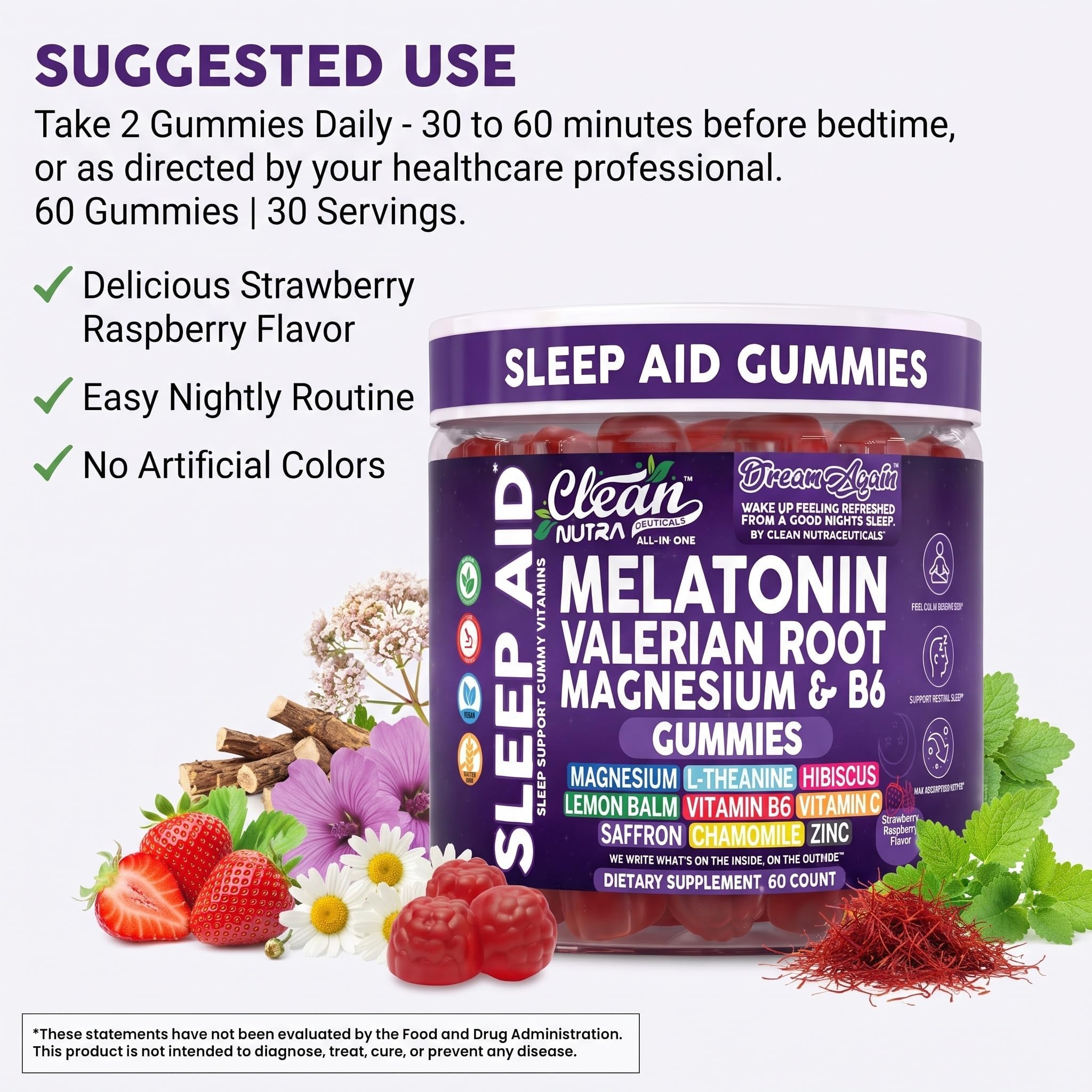 Clean Nutra Melatonin Gummies 10mg | Sleep Aid Valerian Root L-Theanine Vitamin B6 C Lemon Balm Magnesium Hibiscus Beta Carotene Saffron & Chamomile Rest Support Supplement Raspberry Flavor — Amazon image 6