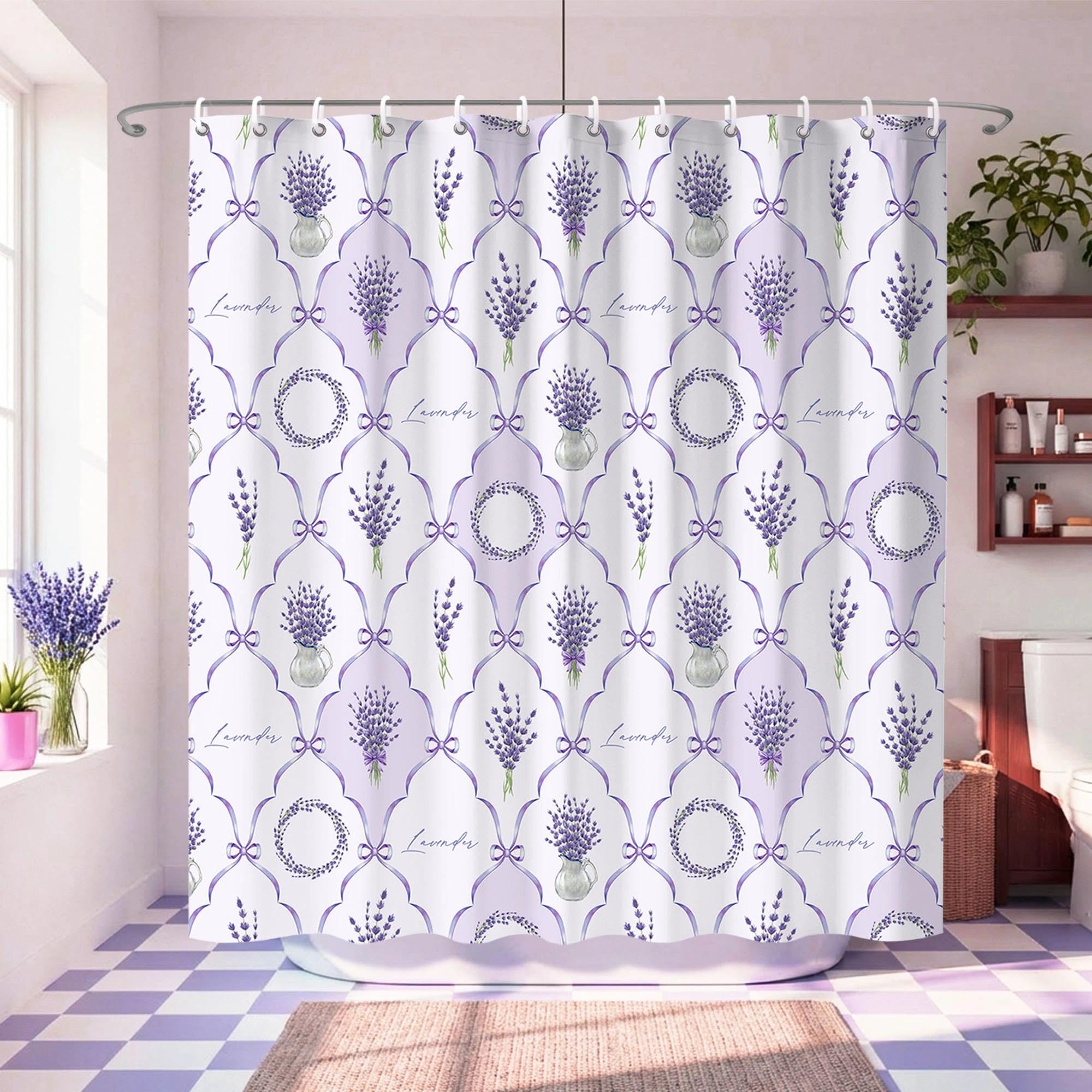 TSLOVER Light Purple Lavender and Lilac Shower Curtains,Cute Preppy Floral Bath Curtains for Bathroom,French Country Farmhouse Waterproof Polyester