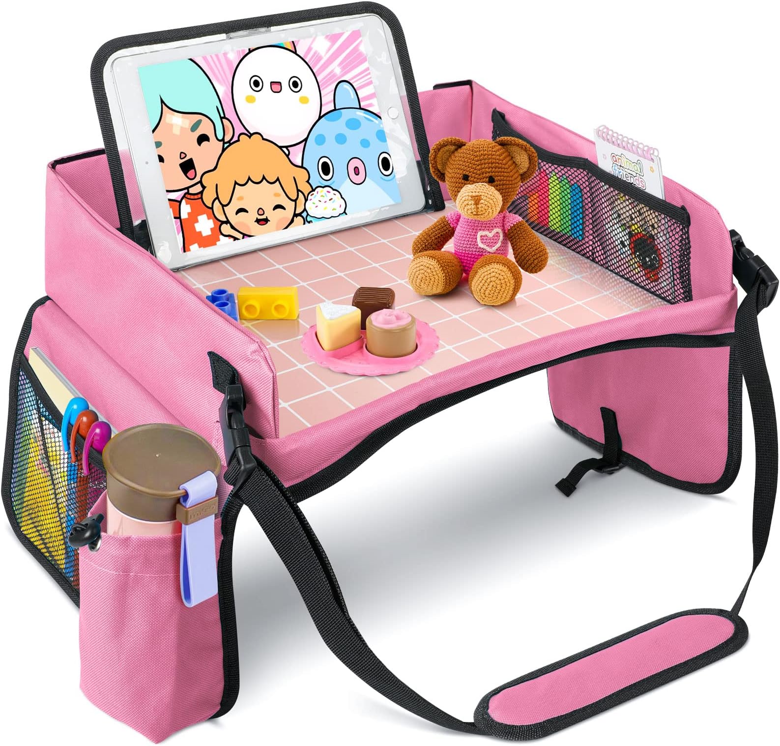 BUENAVO[New Version] Car Seat Organizer Kids Travel Tray for Kids Toddlers Activities in Car Seat, Stroller, Airplane | Waterproof Dry Erase Top | Side Pocket & Water Bottle Holder