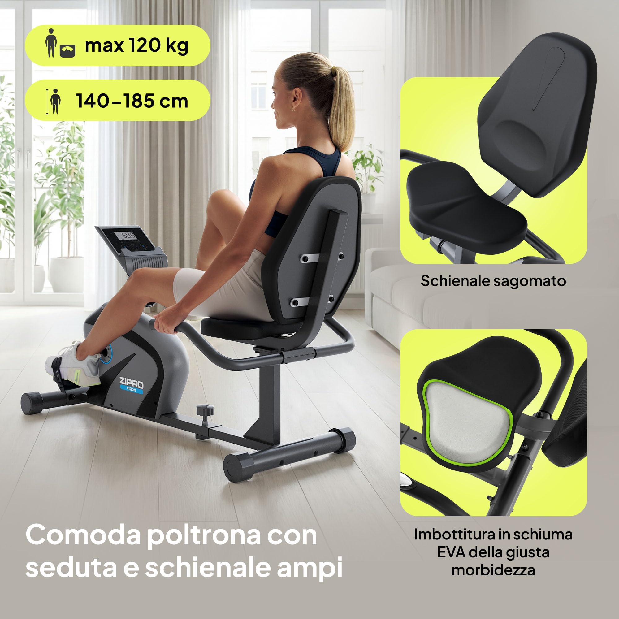 Zipro Cyclette Vision, Fitness Bike Ergometrico, Trainer Magnetico per Bicicletta, Ergometro fino a 120 kg, Bici da Interno, Cyclette per Allenamenti Domestici, Batteria Operata