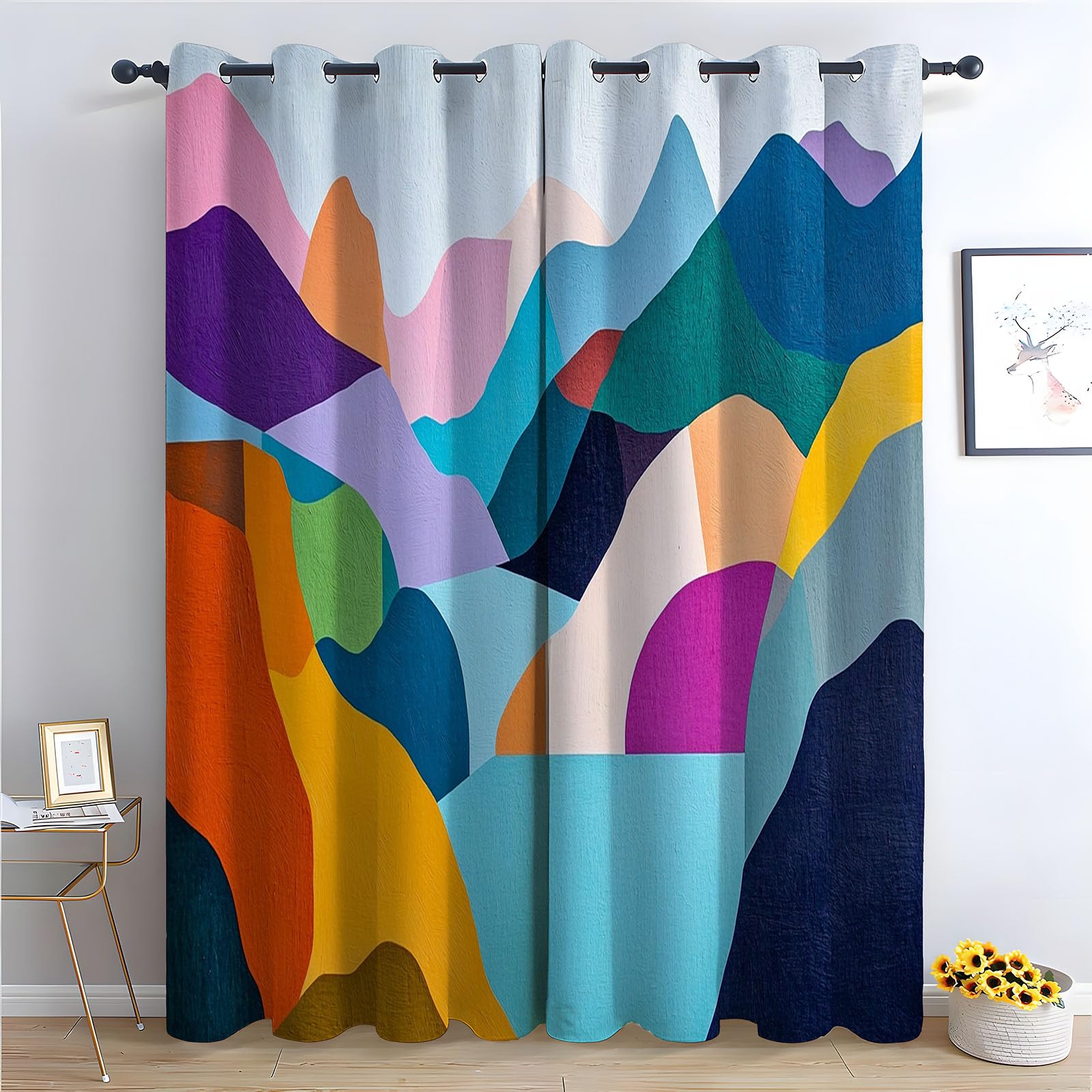 TERUEA Picture Curtains Anti Mould Proof Resistant Abstract colorful block mountain lake minimalist landscape Curtains Mould Proof Resistant-52 W x 96" L (Pack of 2)