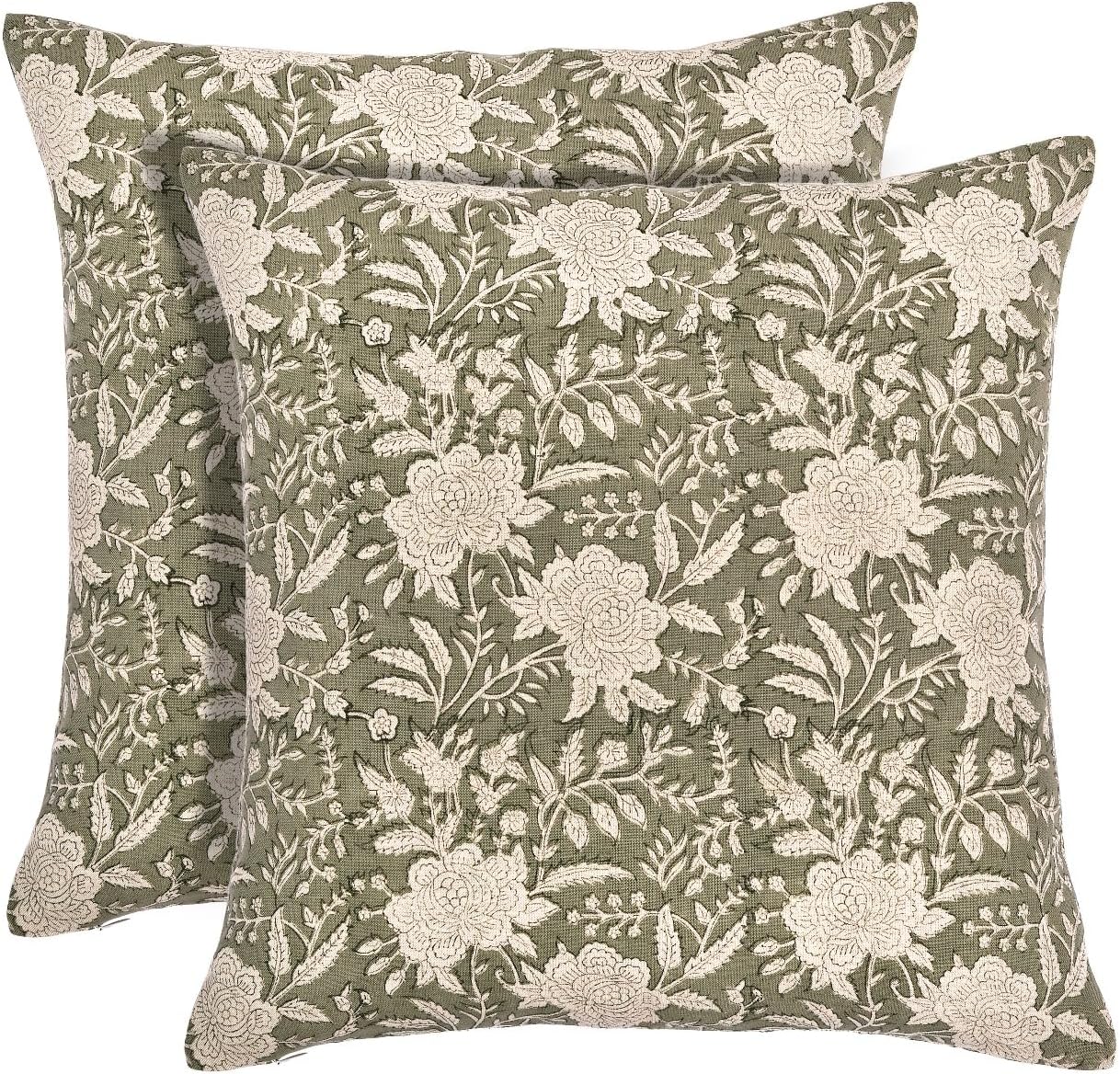 Studio 18x18 Block Print Pillow Covers – Set of 2 – sage Green – Handcrafted Cotton-Linen Decorative Throw Pillow Cases for Sofa, Couch, or Bed
