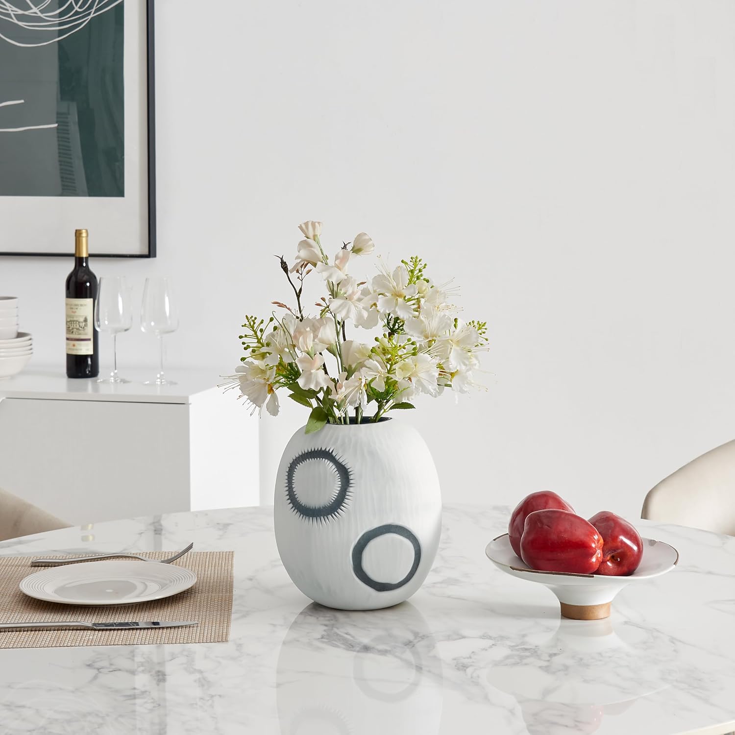 Elara Contemporary Matte White and Navy Oval Opening Glass Tabletop Vase - Cylindrical Large or Round Small (Round Small)