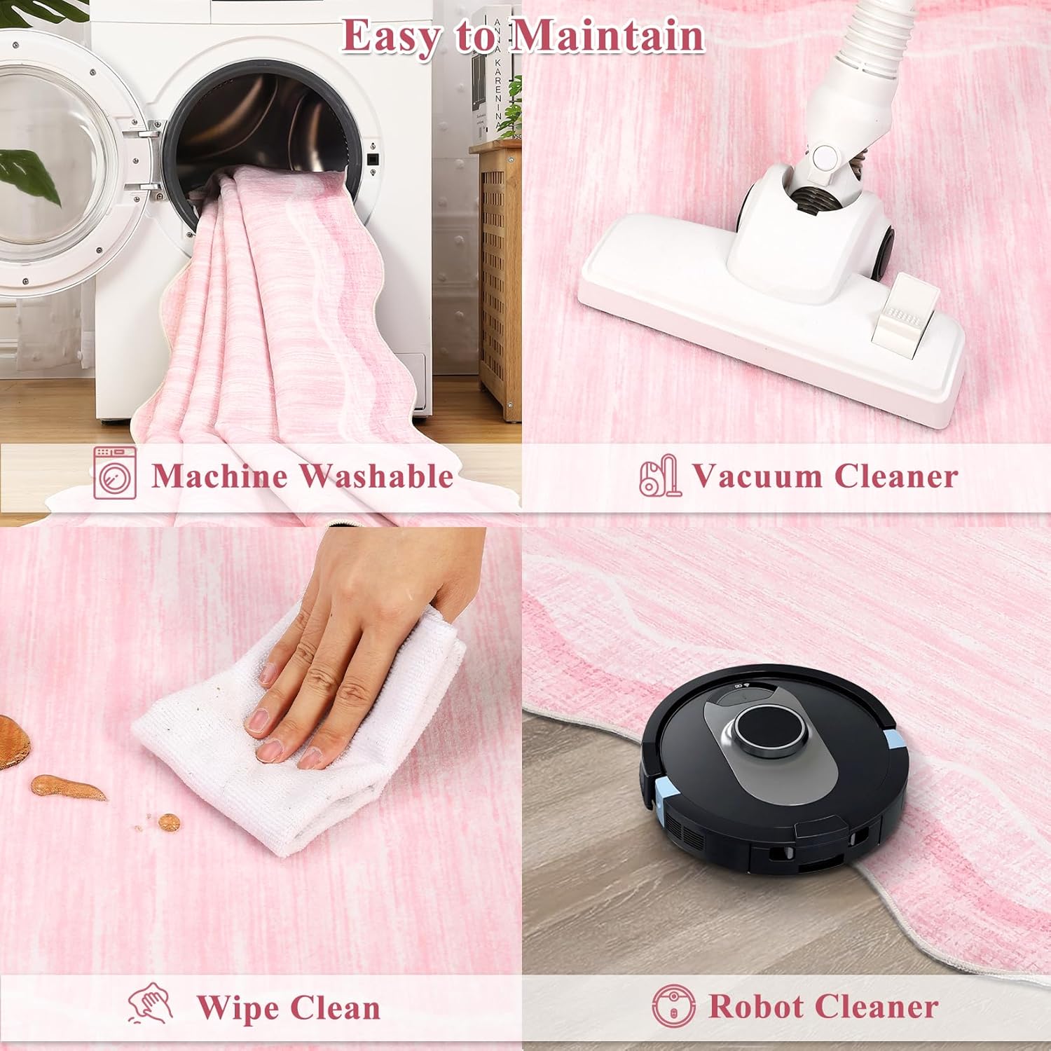 2x6 Bathroom Runner Rug Machine Washable Area Rugs for Entryway Modern Solid Color Scalloped Floor Cover with Non Slip Backing, Non Shedding Low Pile Accent Mats for Kitchen Bedroom, Pink