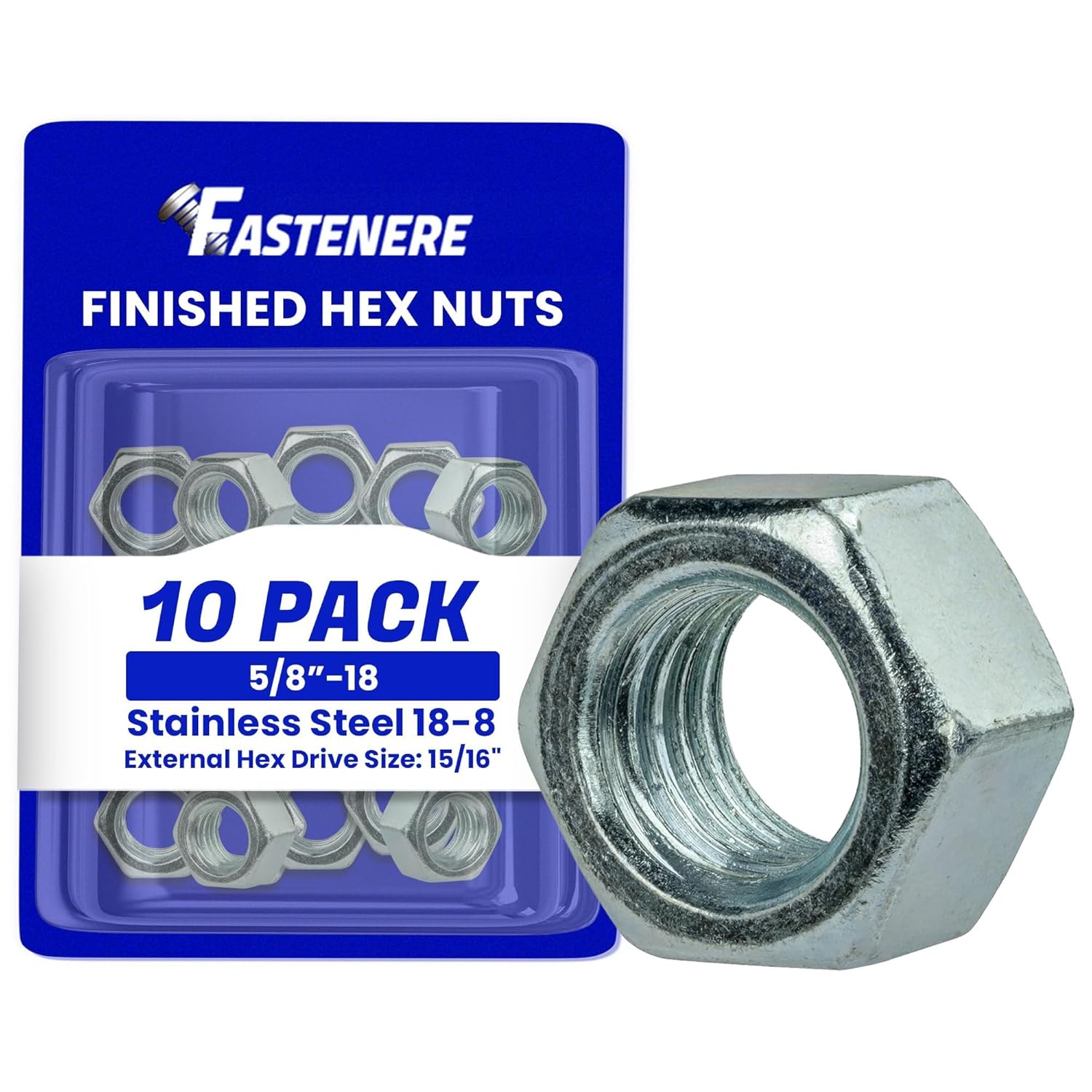 5/8-18 Finished Hex Nuts, Stainless Steel 18-8, Plain Finish, Quantity 10 by Fastenere