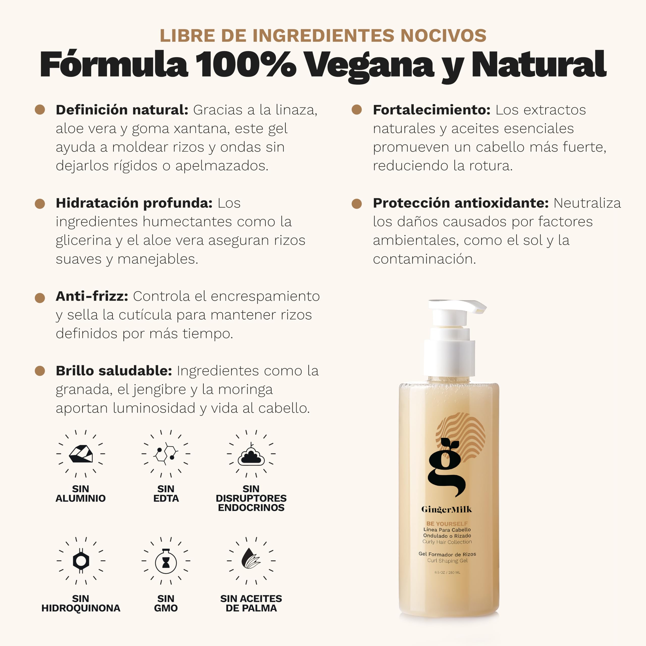 Ginger Milk Rutina Capilar para Rizos Be Yourself, Kit Curly con Shampoo, Mascarilla, Leave-In, Gel Definidor y Aceite para Pelo Rizado y Ondulado