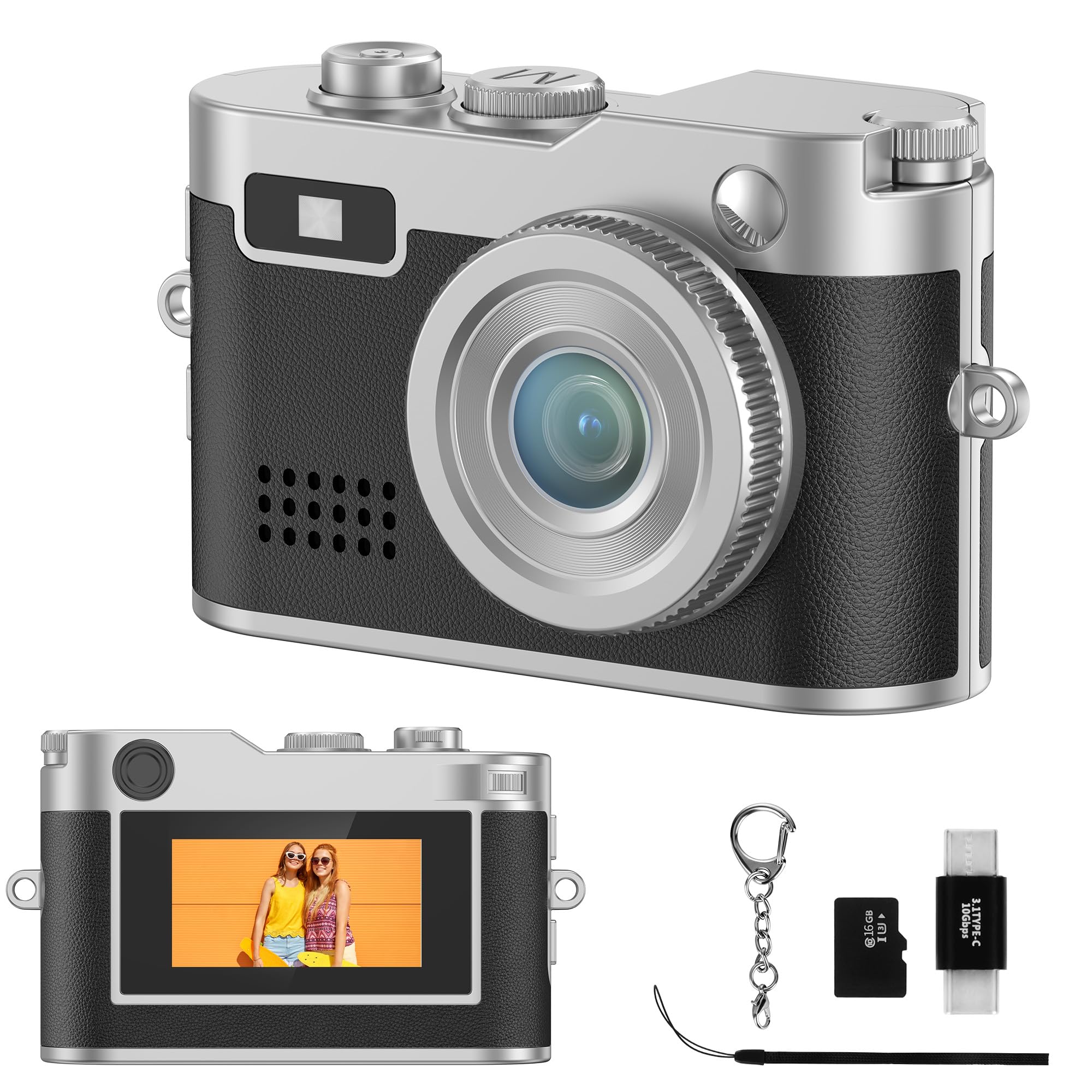 mini keychain camera - 1080p fhd retro digital camera - small classic cameras portable small camera - compact pocket video recorder with 16gb card, otg adapter for travel