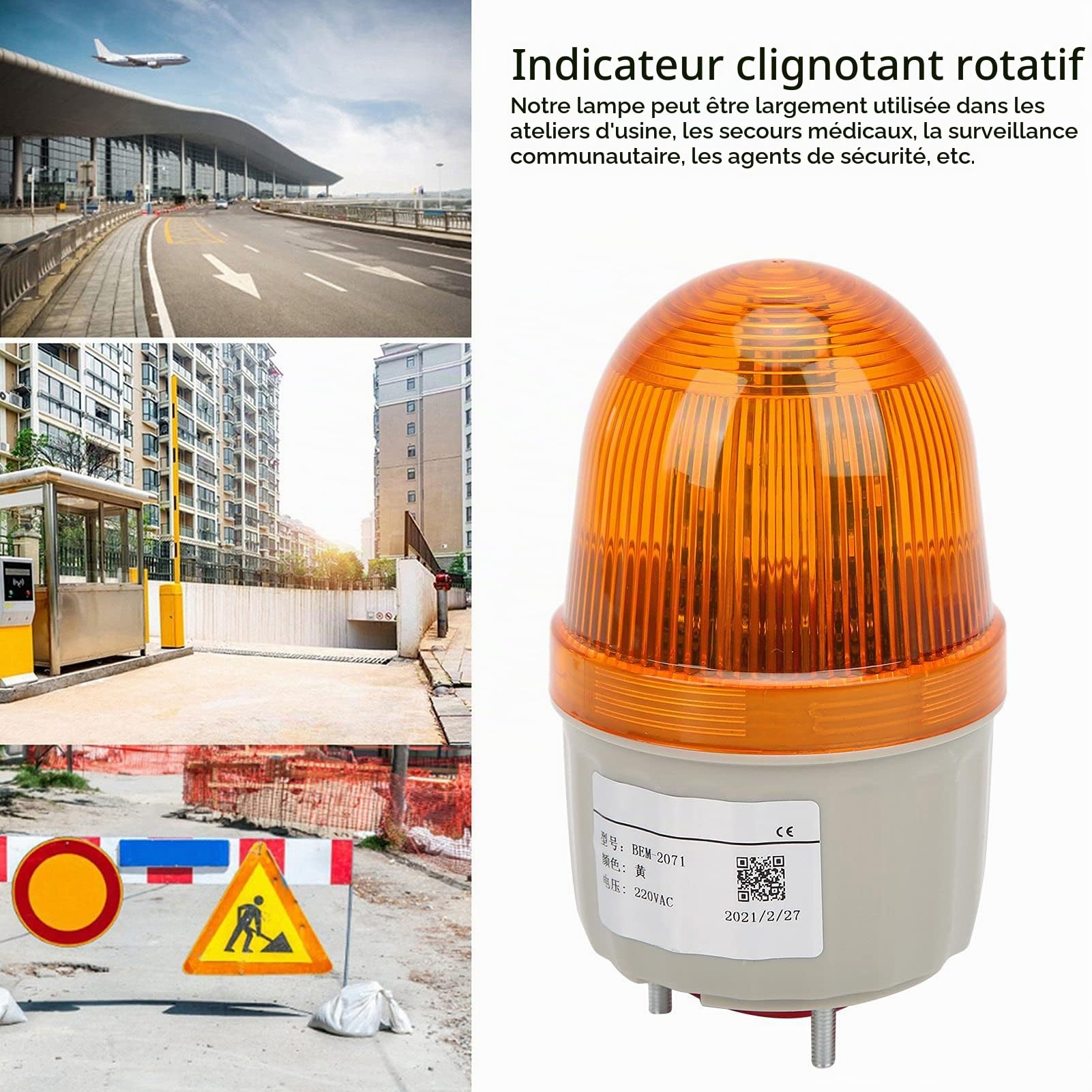 Voyant D'avertissement BEM-2071 LED Indicateur Clignotant Rotatif Voyant D'avertissement Rotatif Portable Pour la Surveillance 220V AC(Orange)