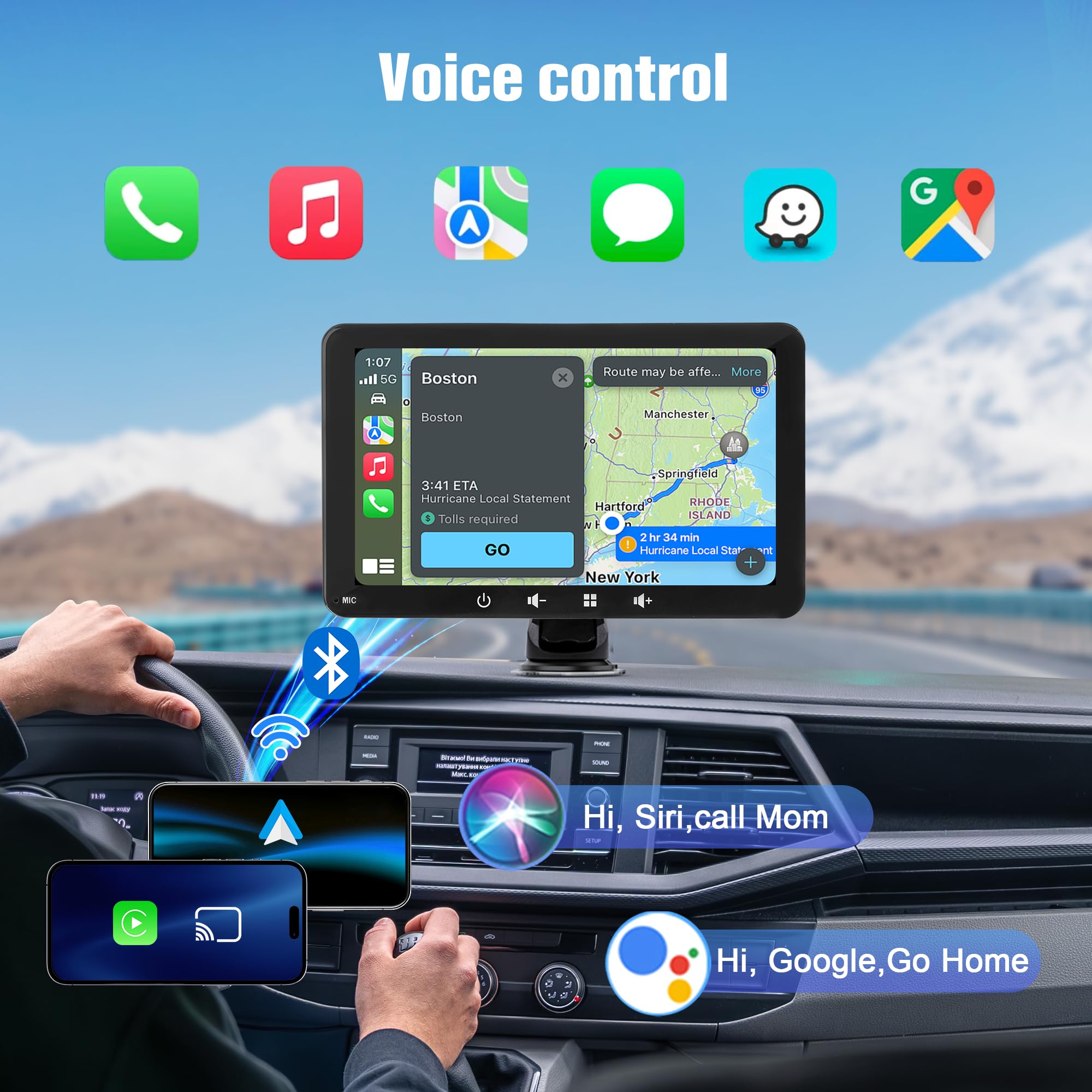 Pantalla de 7'' para Coche CarPlay Wireless y Android Auto, Compatible con Control de Voz, AUX, BT 5.0 y Función Mirror Screen, para Diferentes Vehículos (7 Pulgadas)