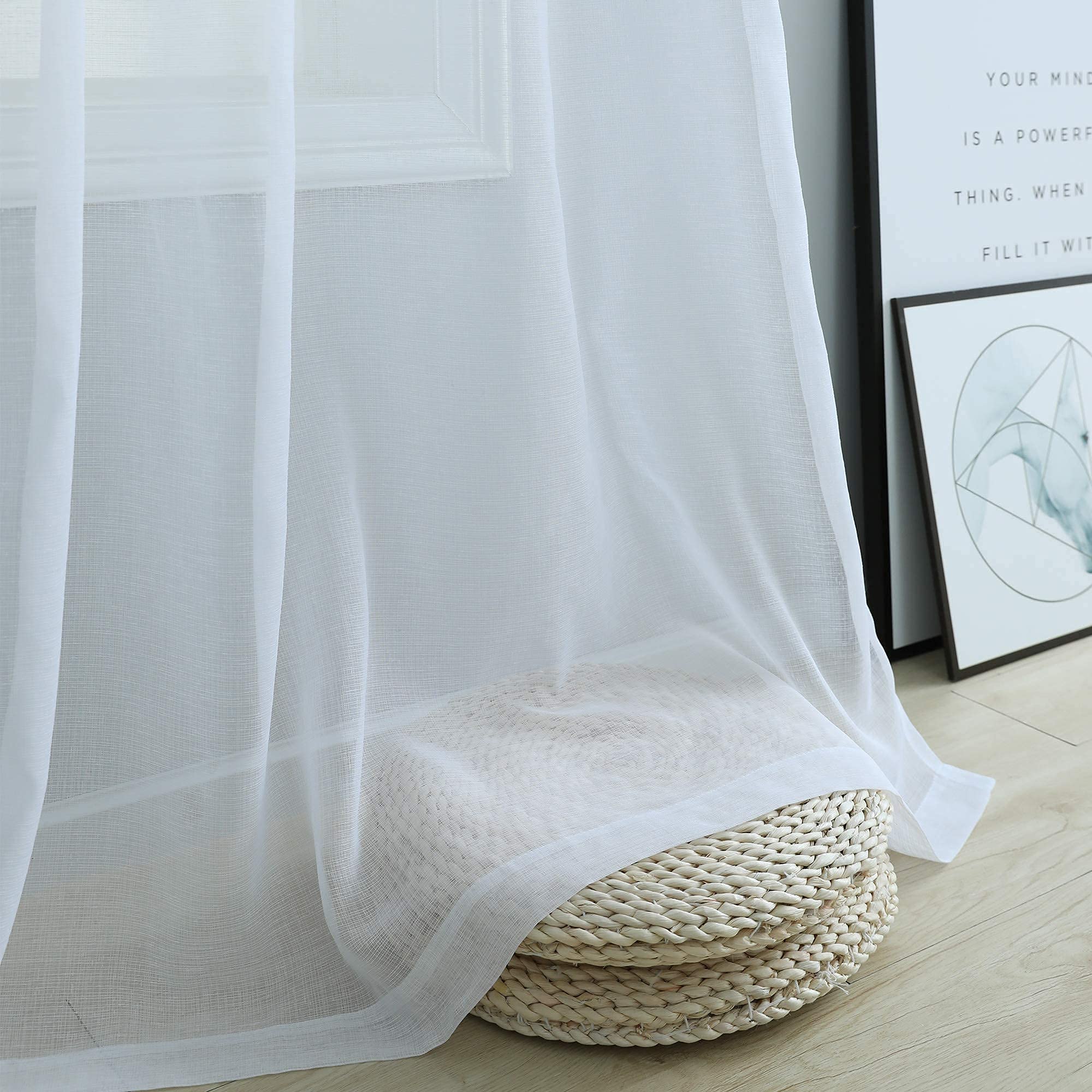 Pitalk Cortinas traslúcidas blancas de 84 pulgadas de largo para sala de estar, 2 paneles con ojales, cortinas de encaje ligeras y semitransparentes con aspecto de lino de algodón para dormitorio,