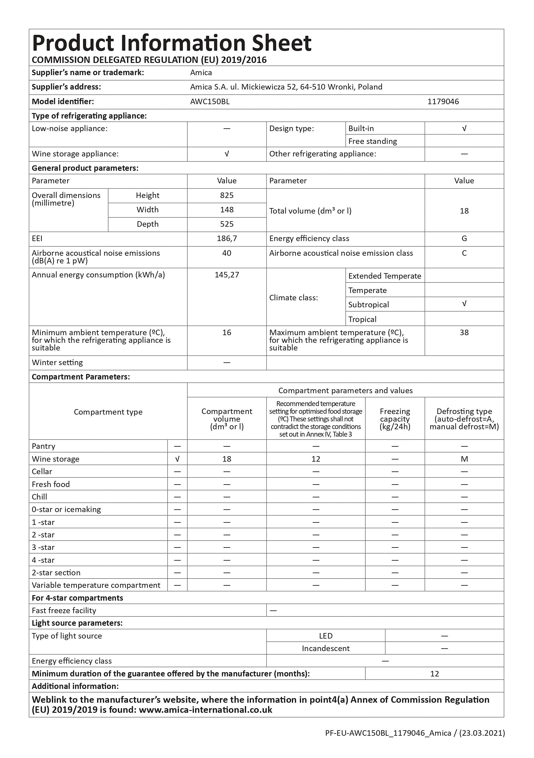 CDA FWC153BL Slimline Freestanding Undercounter Wine Cooler in Black