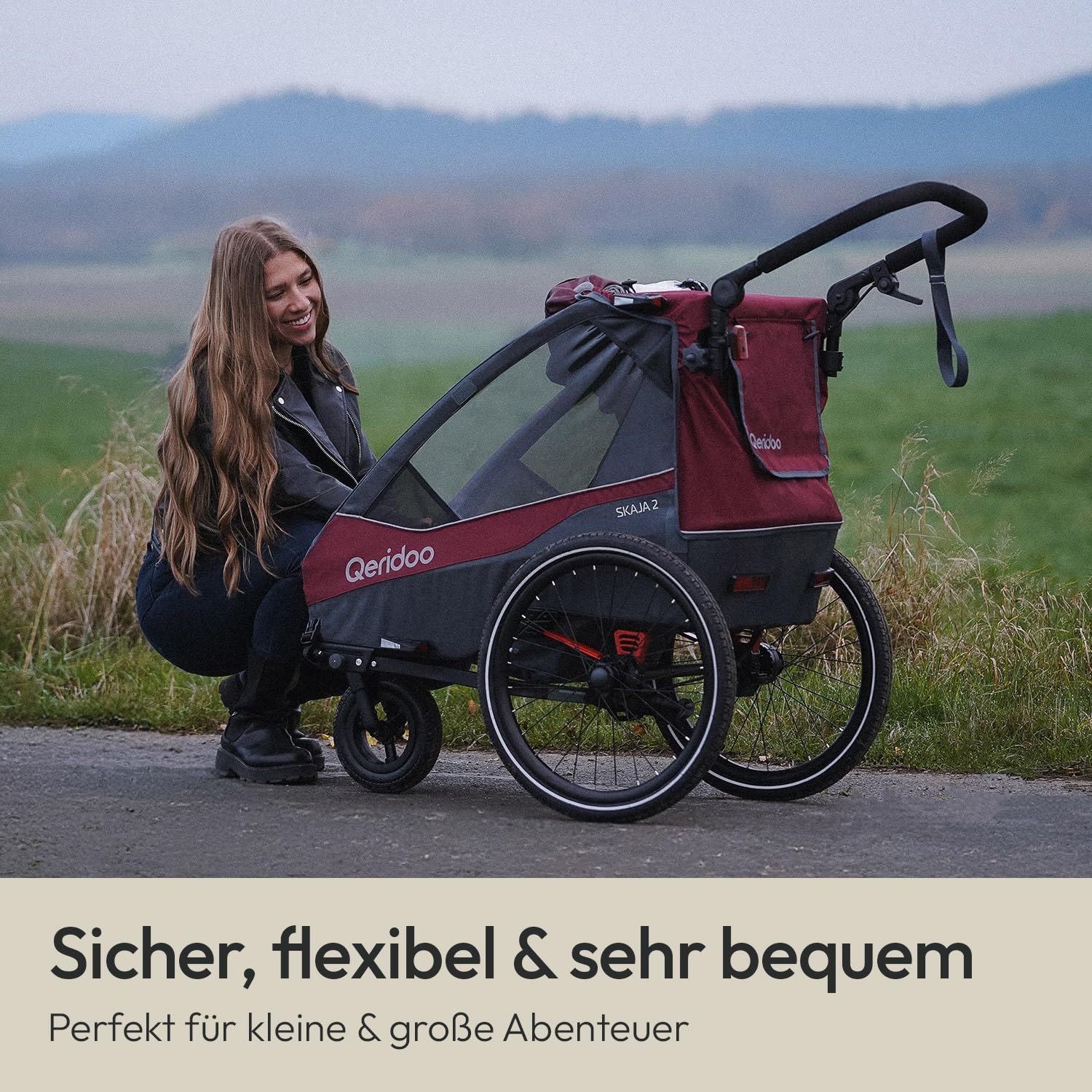 Qeridoo Skaja 2 Cayenne Red | Fahrradanhänger 2 Kinder mit Premium-Federung & 3-in-1-Funktion | Kinderfahrradanhänger & Jogger Kinderwagen | Leichter Fahrrad Anhänger Kinder | Sicher & Komfortabel