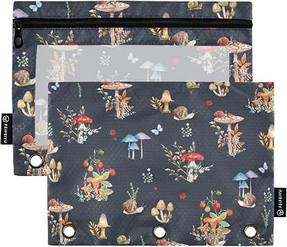 3 Ring Binder Pencil Pouch 2 Pack Mushroom Snail Pencil Case Pencil Bags with Zipper, Clear PVC Binder Pockets for Office Daily Supplies