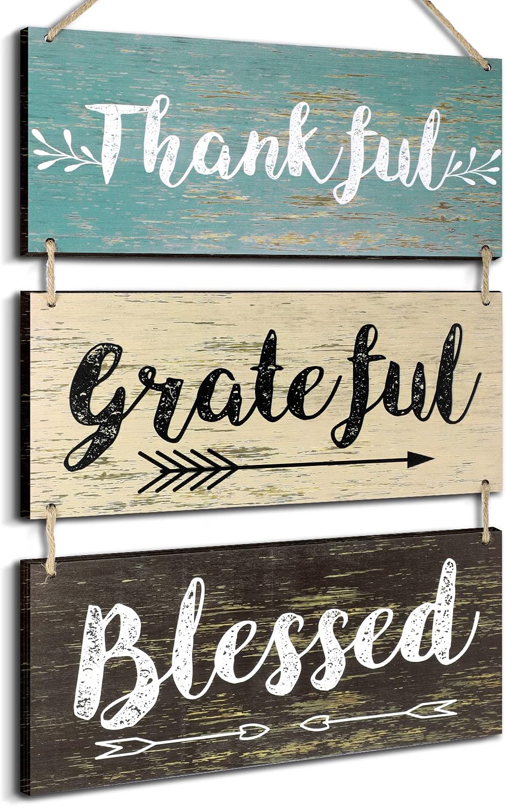 Jetec 3 Pieces Rustic Wooden Board Wall Decor Hanging Signs Decor Thankful Grateful Blessed Wooden Plaque Farmhouse Wall Signs for Living Room Bedroom Bathroom, 11.8 x 6 Inch