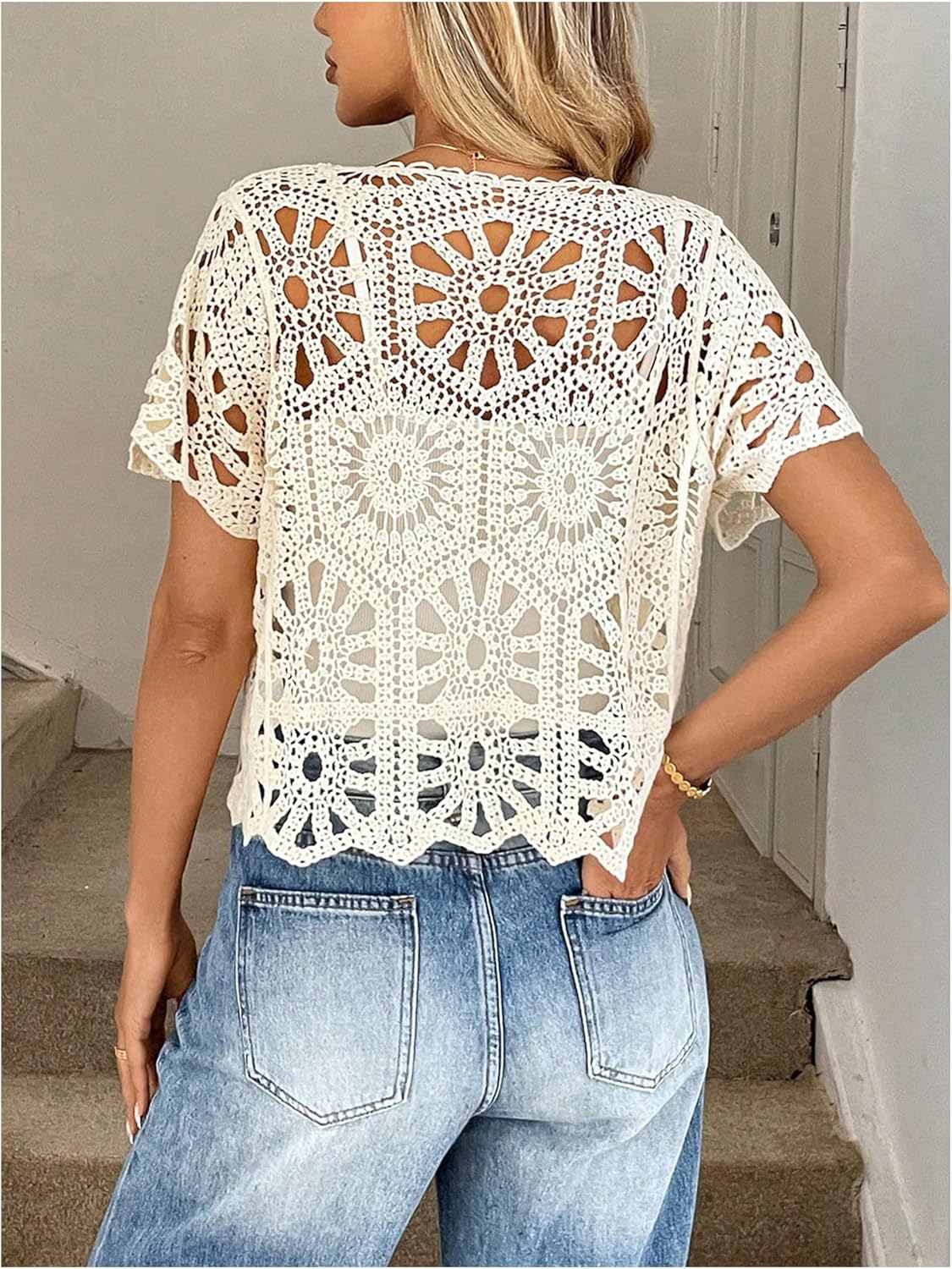 MakeMeChic Women's Summer Crochet Tie Front Tops Cardigan Short Sleeve Lightweight Cardigan Beach Vacation Outfits - Image 3